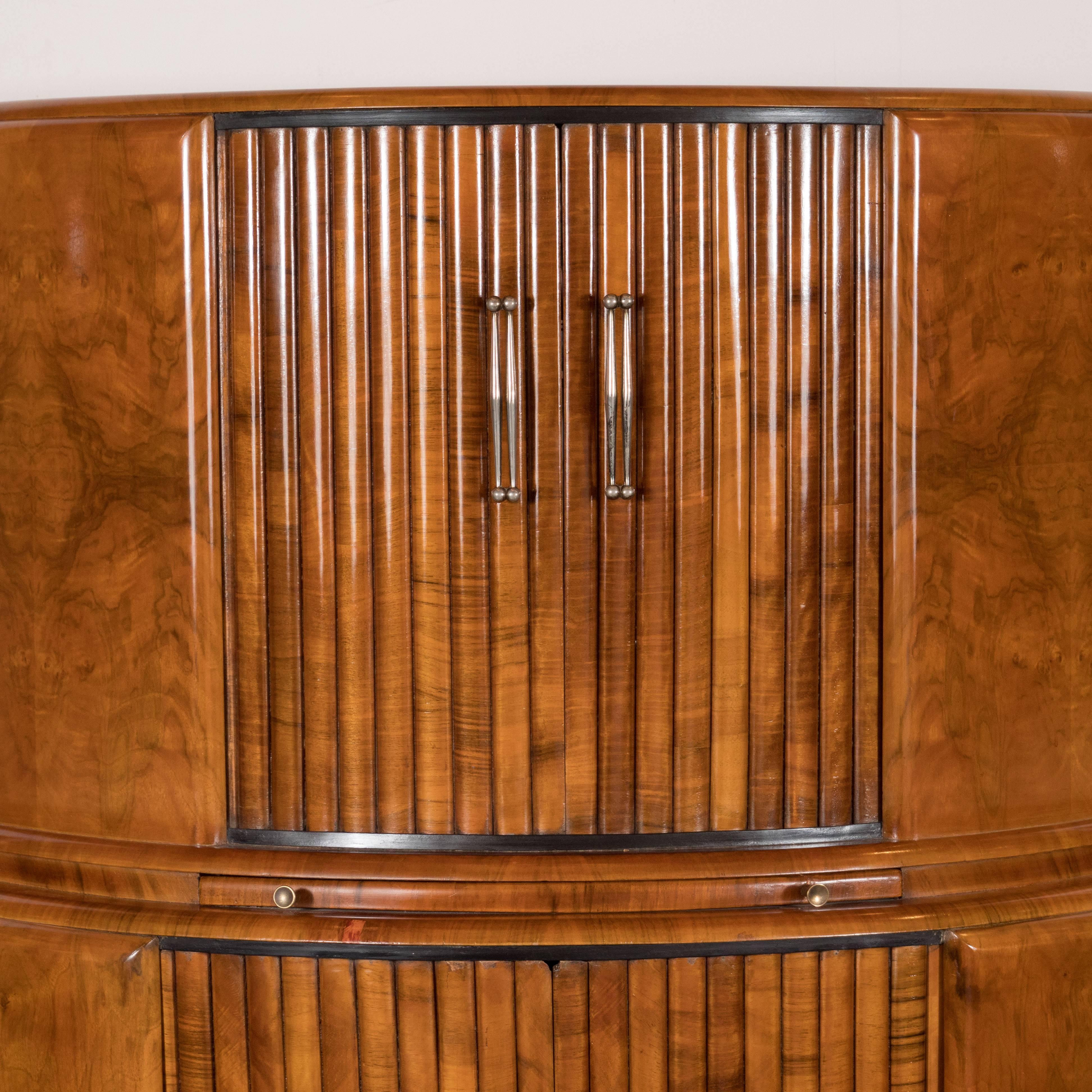 Art Deco Skyscraper Style Bookmatched Bar Cabinet with Antiqued Nickel Pulls In Excellent Condition In New York, NY