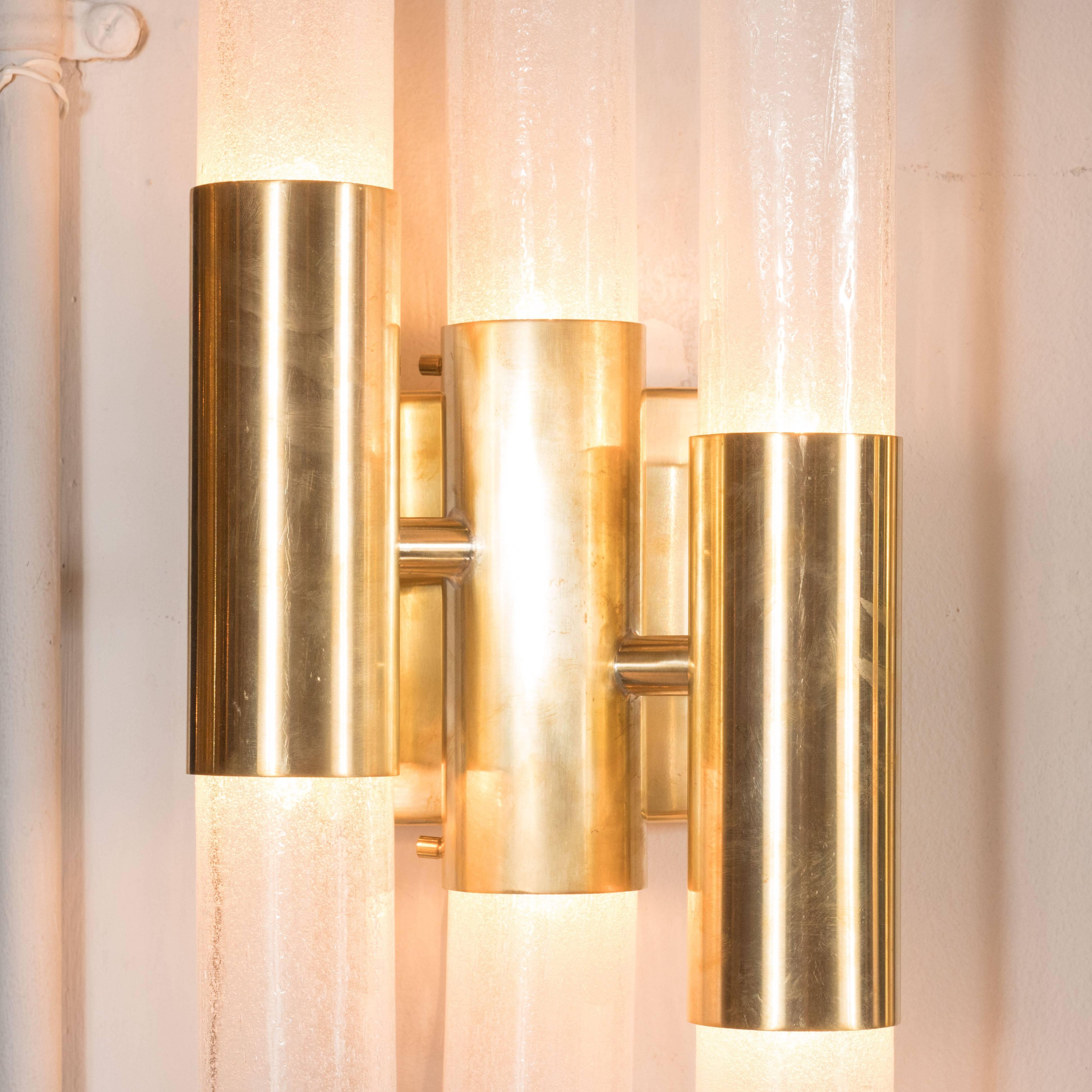 Italian Pair of Modernist Pulegoso Sconces with Handblown Murano Shades & Brushed Brass For Sale
