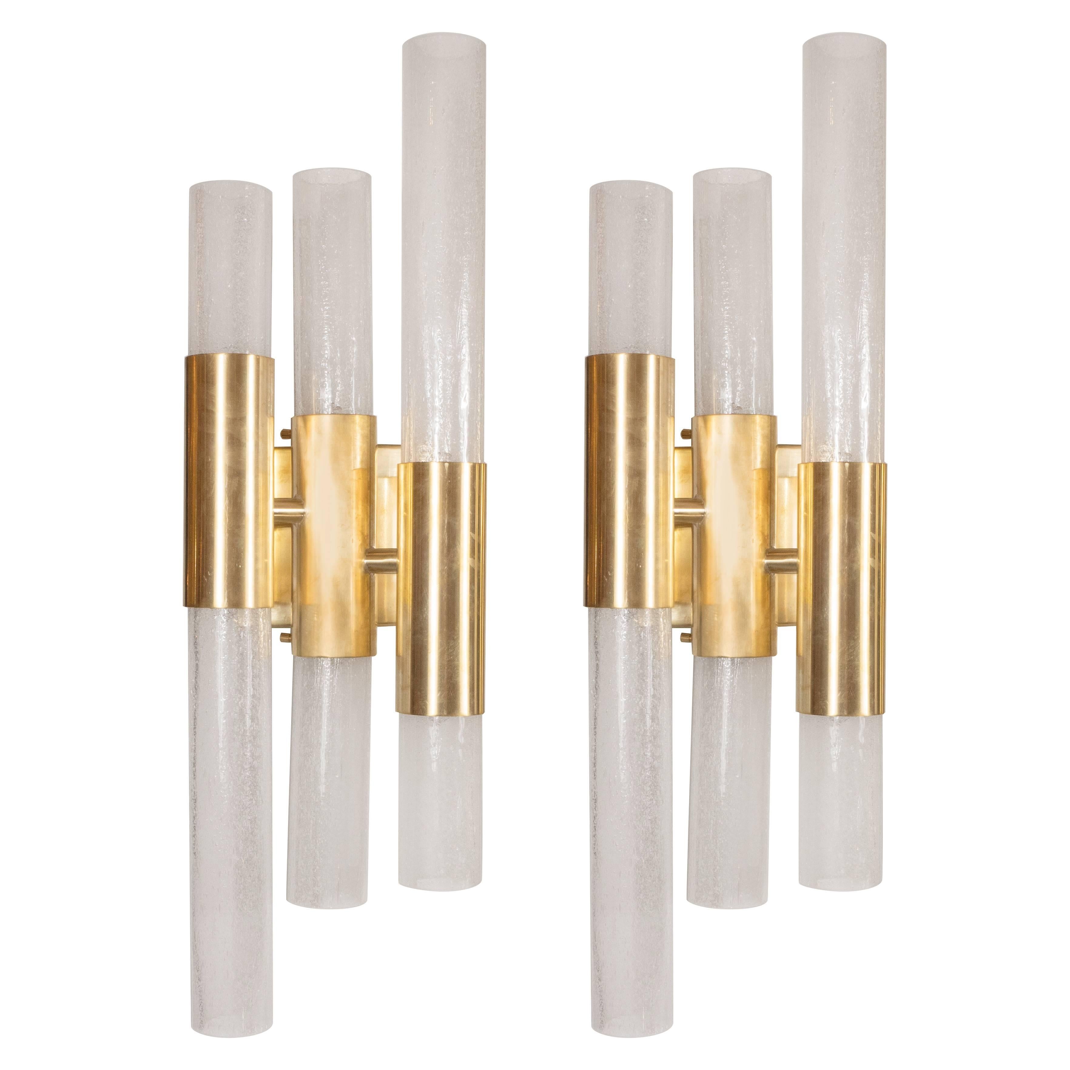 Pair of Modernist Pulegoso Sconces with Handblown Murano Shades & Brushed Brass For Sale