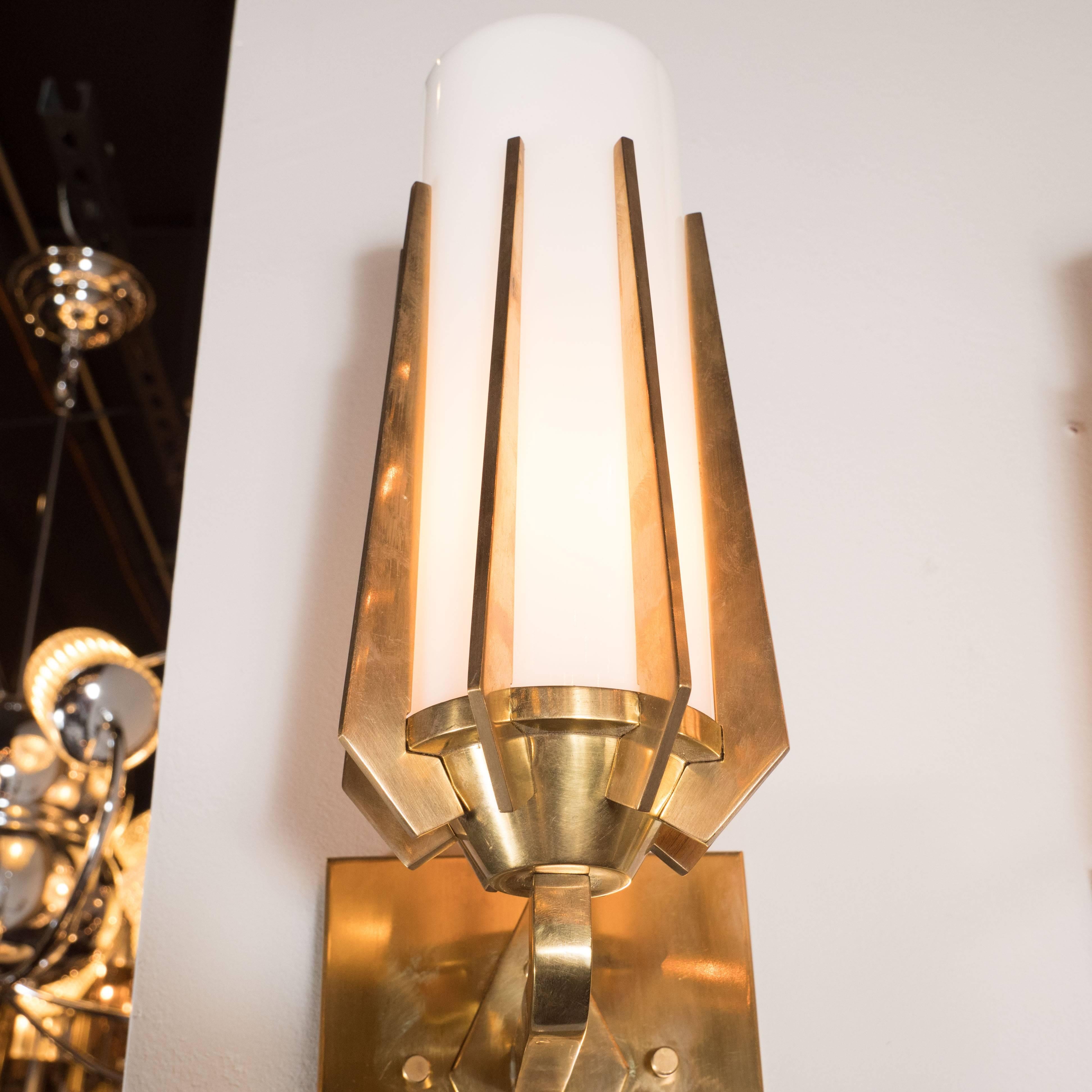 Mid-Century Modern Pair of Midcentury Sconces in Brass and White Glass in the Manner of Gio Ponti
