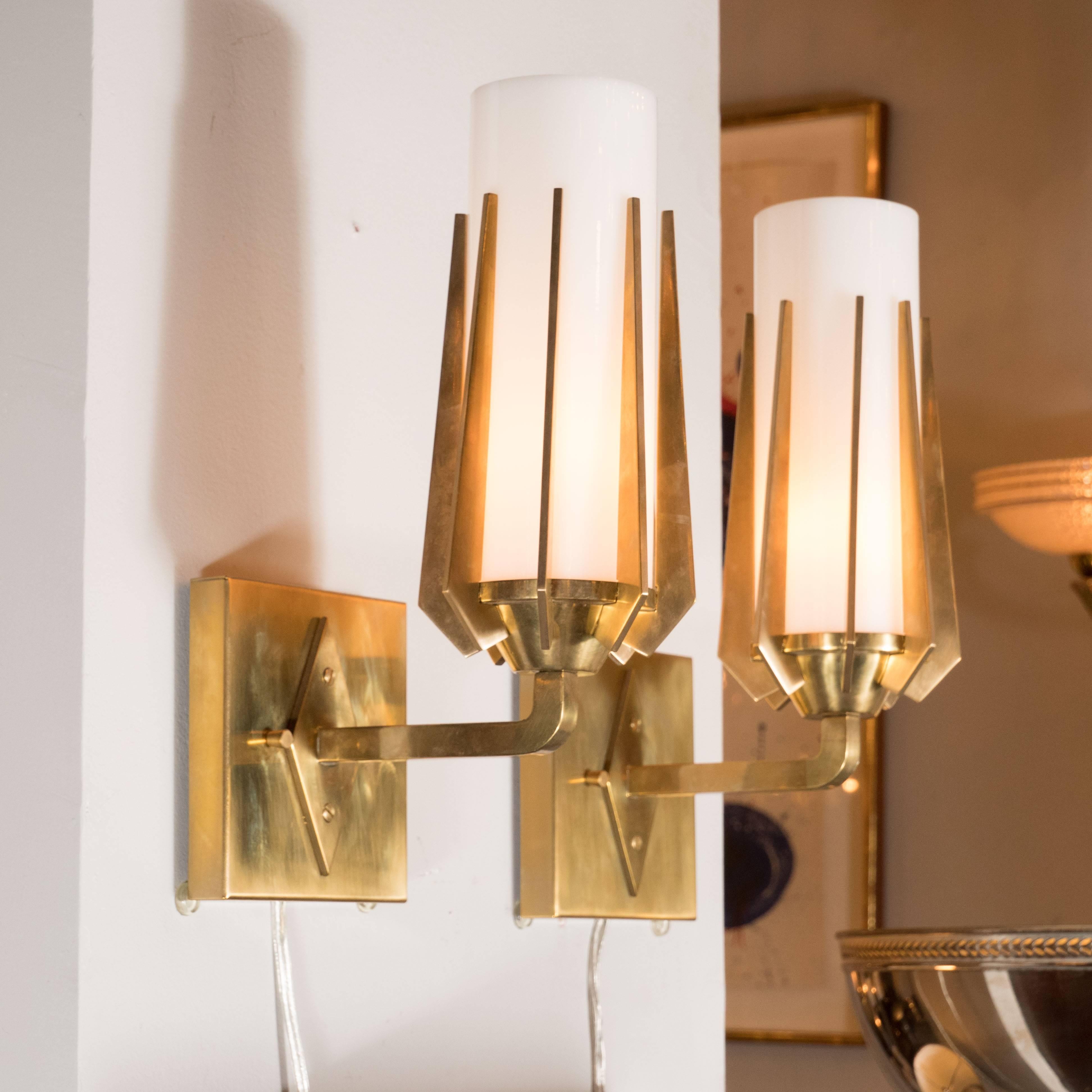 Mid-20th Century Pair of Midcentury Sconces in Brass and White Glass in the Manner of Gio Ponti