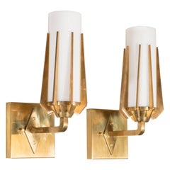 Pair of Midcentury Sconces in Brass and White Glass in the Manner of Gio Ponti