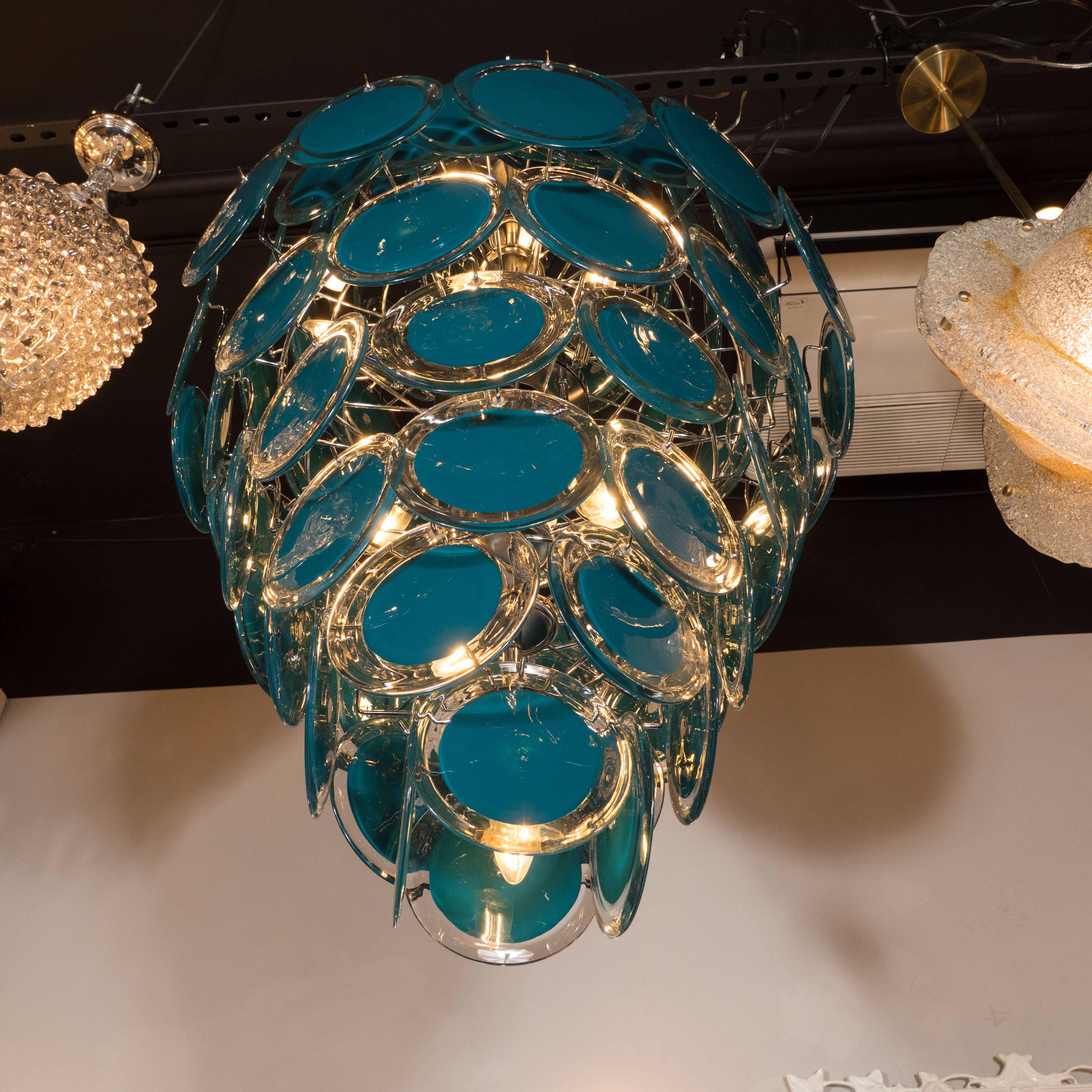 Modernistischer Chrom-Murano-Kronleuchter der Moderne mit Keramikblauen und klaren Scheiben im Angebot 1