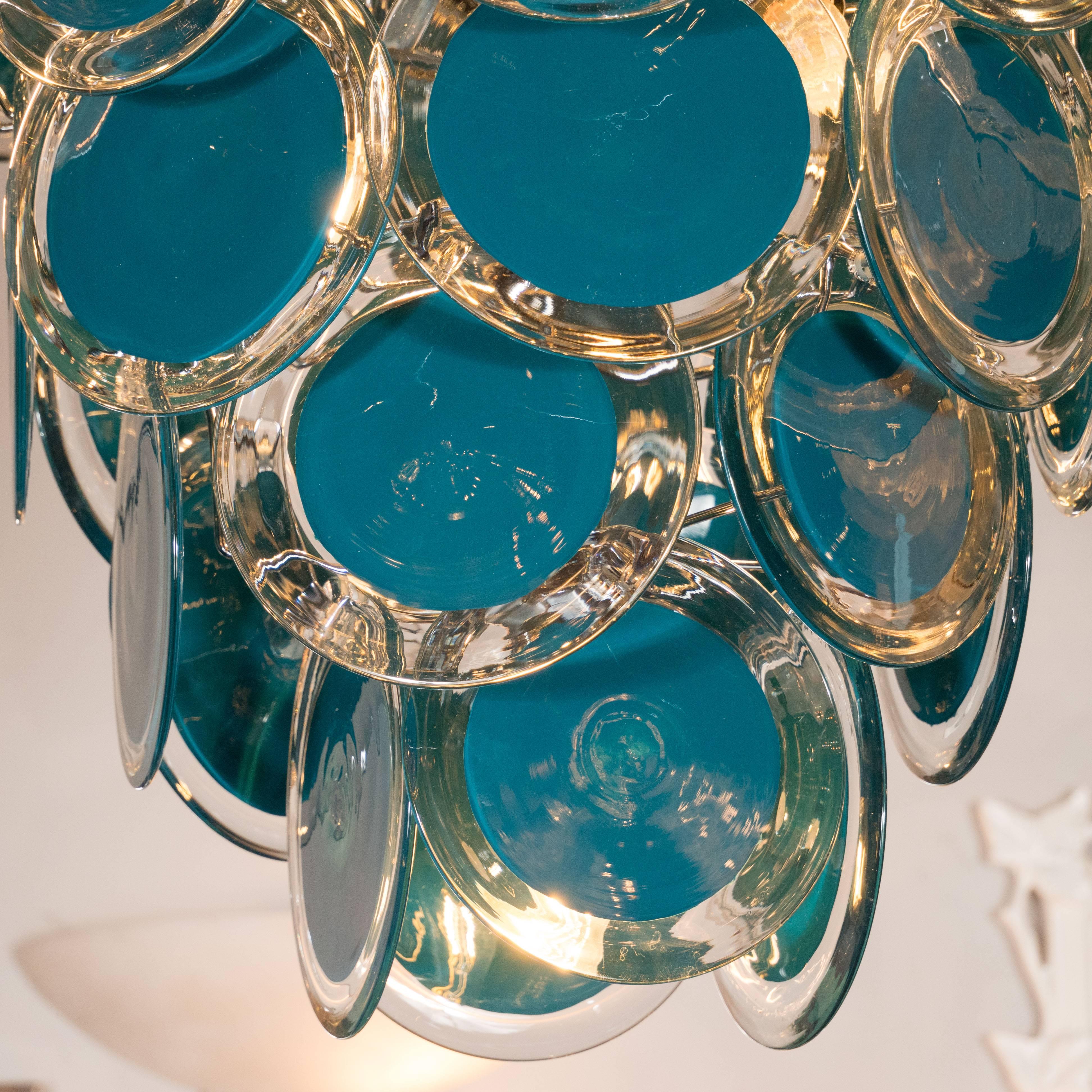 Italian Modernist Chrome Murano Chandelier with Cerulean Blue and Clear Discs For Sale