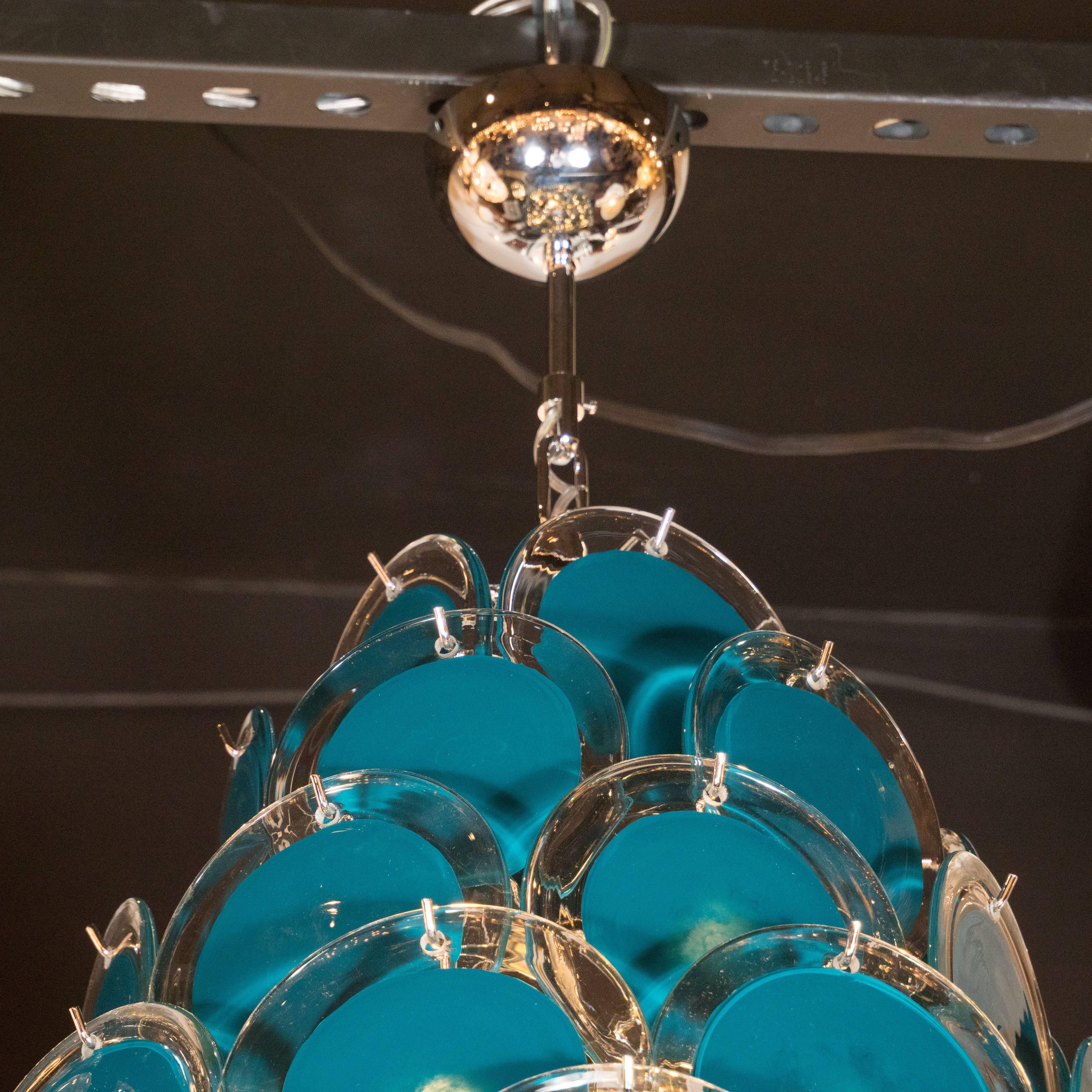 Contemporary Modernist Chrome Murano Chandelier with Cerulean Blue and Clear Discs For Sale