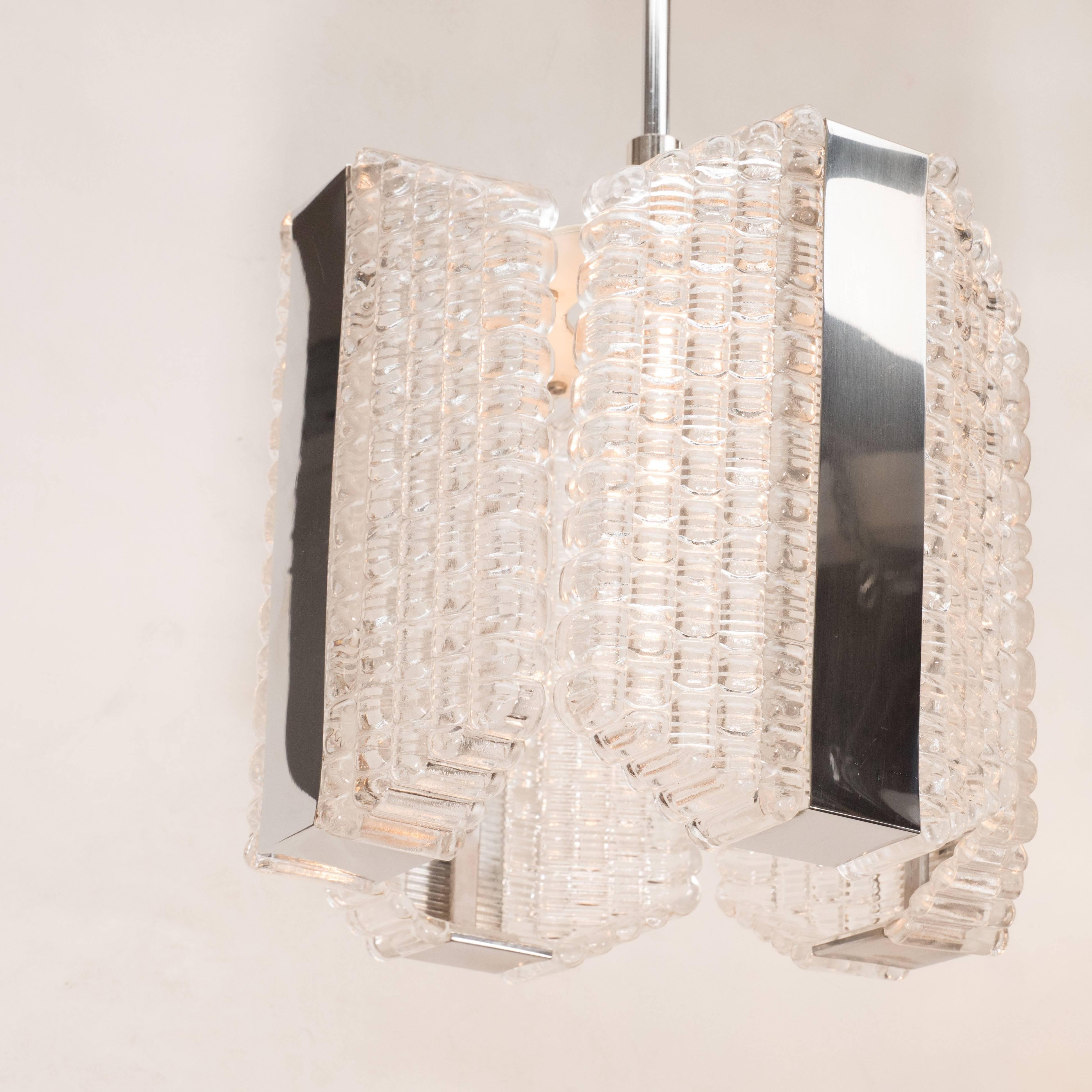 Mid-20th Century Mid-Century Modern Chrome and Textured Glass Chandelier by Kinkeldey For Sale