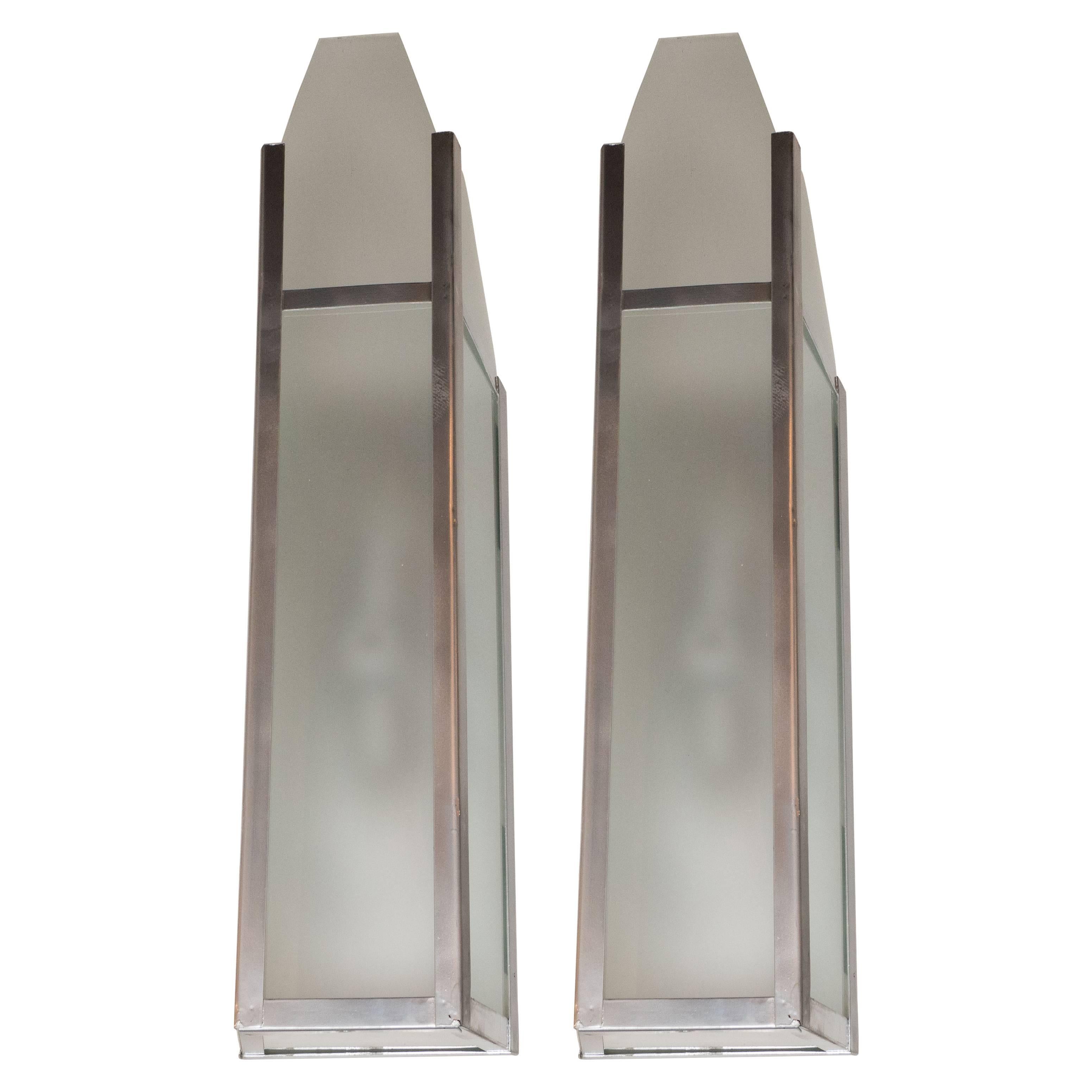 Art Deco Skyscraper Style Machine Age Polished Aluminum & Frosted Glass Sconces