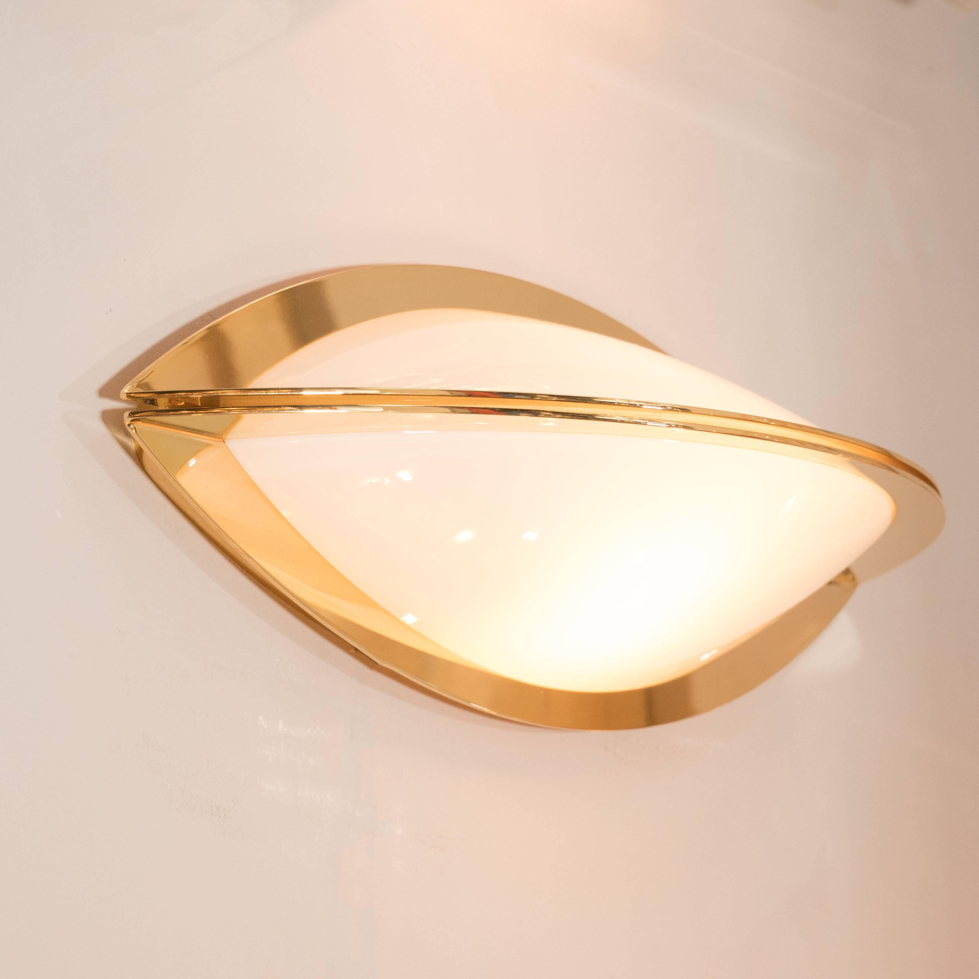 German Mid-Century Modern Vanity Sconce in Brass and Frosted Glass by Glashütte Limburg