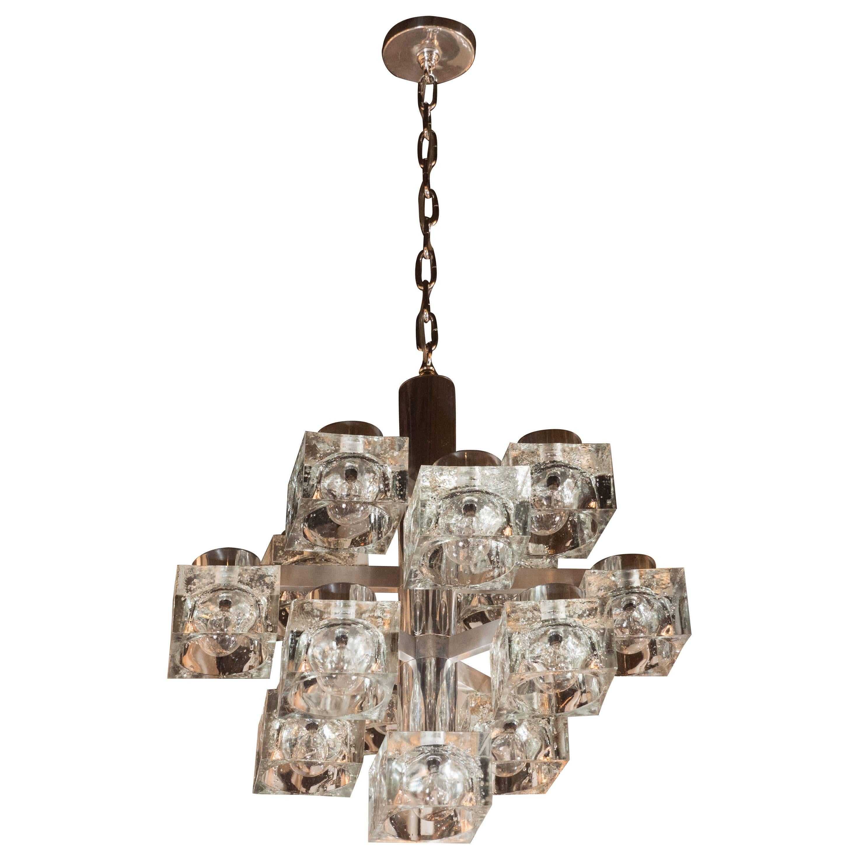 Mid-Century Modern Polished & Brushed Chrome & Cube Glass Chandelier by Sciolari