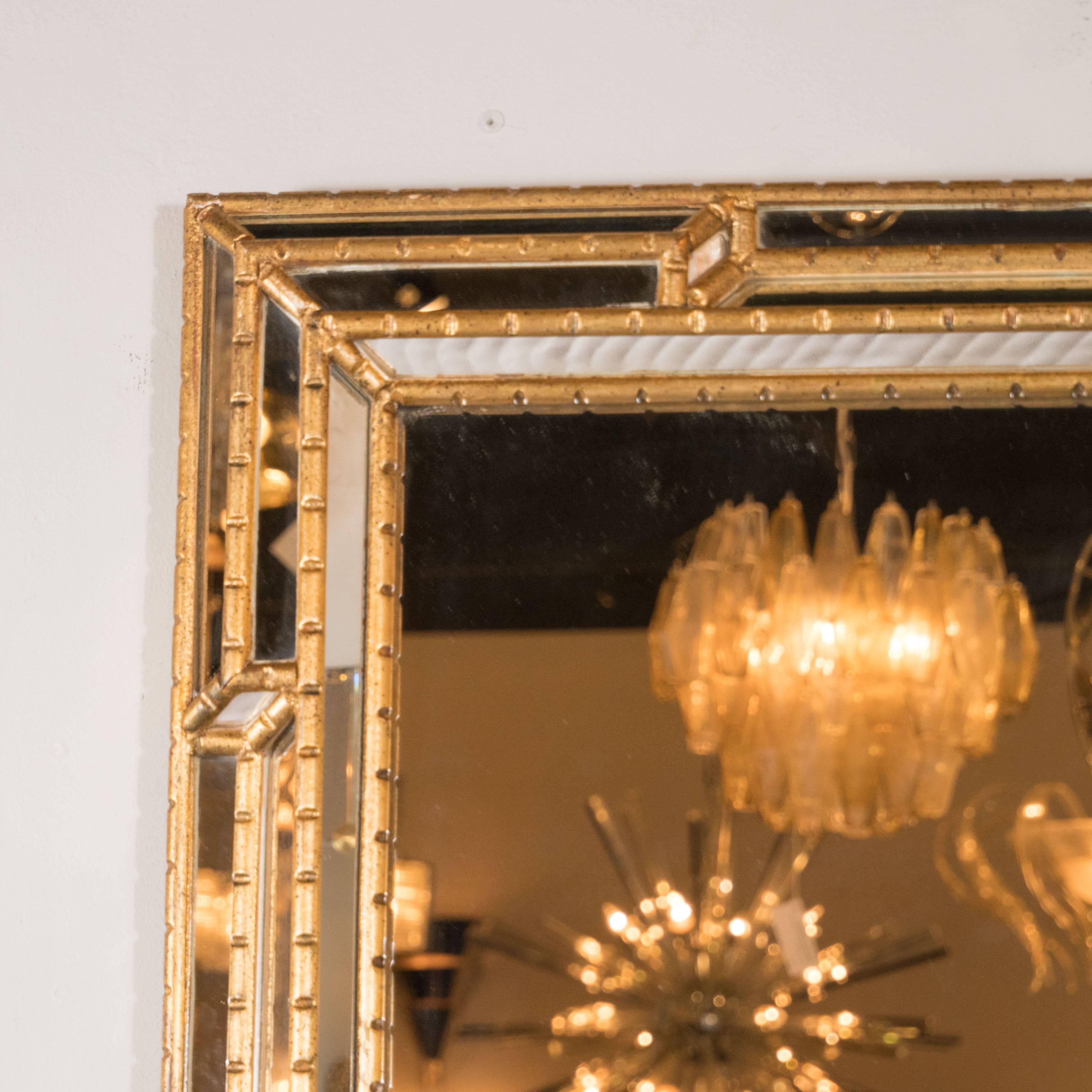 Mid-Century Modern Modernist Venetian Style Mirror in Gilded Mirror with Ribbed Mosaic Border