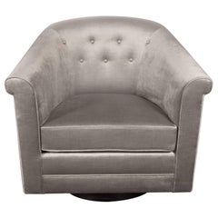 Mid-Century Modern Swivel Chair on Ebonized Walnut Base in Platinum Velvet
