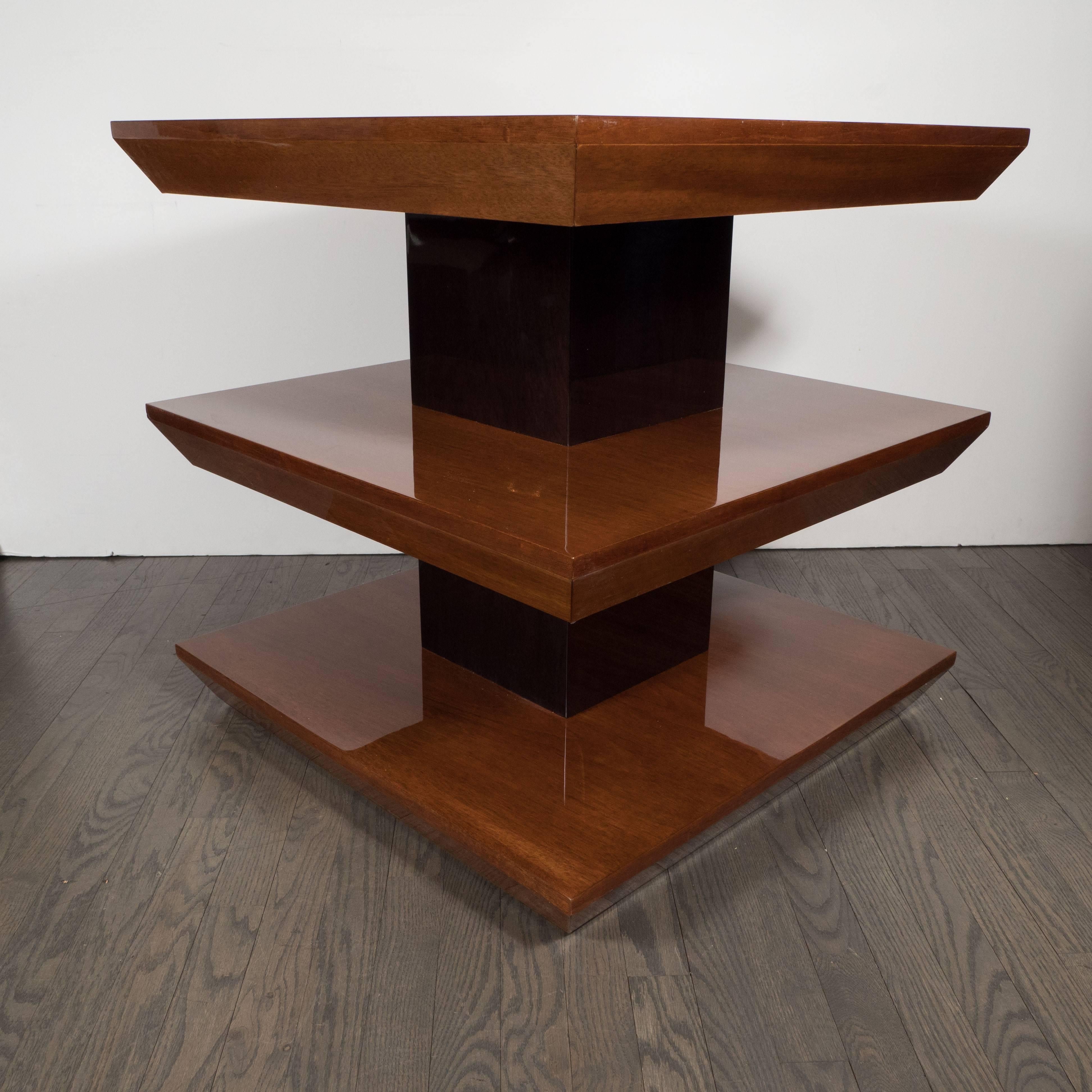 Three-Tier French Art Deco Side Table in Black Lacquer and Bookmatched Walnut For Sale 1