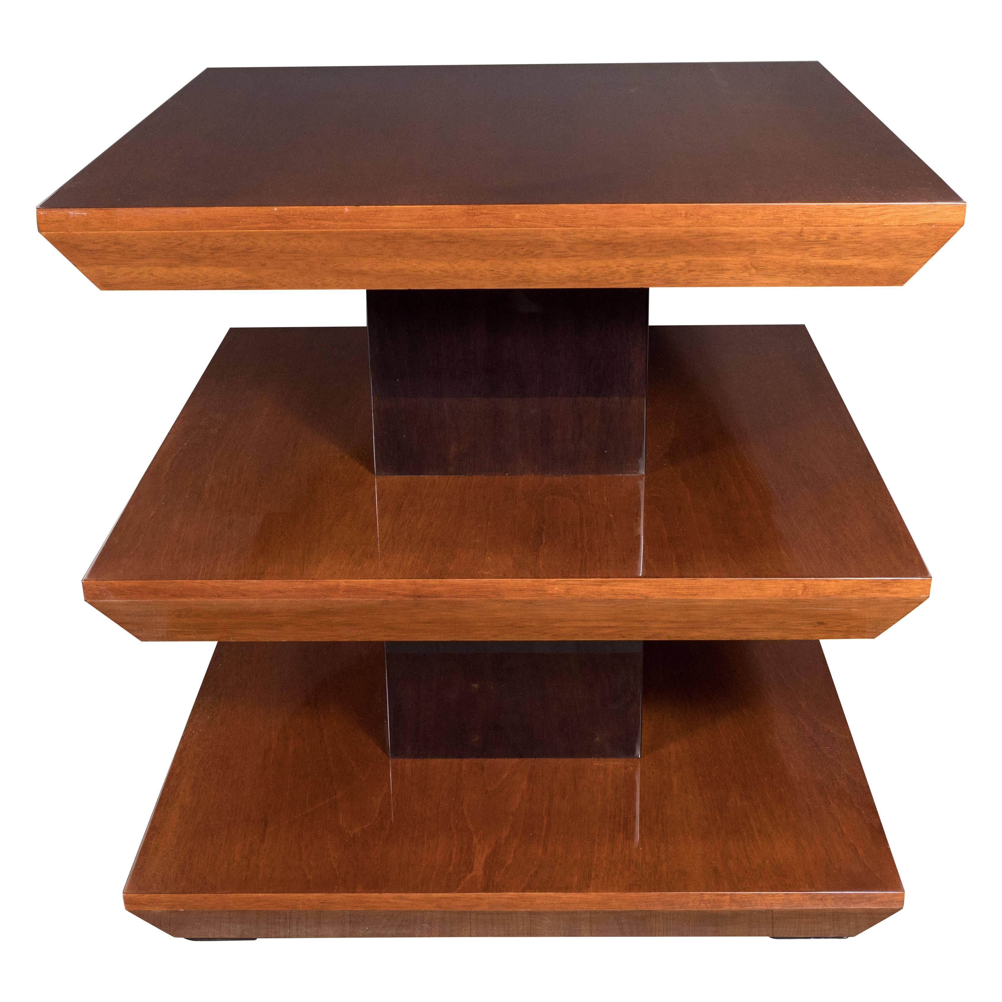 Three-Tier French Art Deco Side Table in Black Lacquer and Bookmatched Walnut For Sale