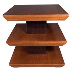 Three-Tier French Art Deco Side Table in Black Lacquer and Bookmatched Walnut