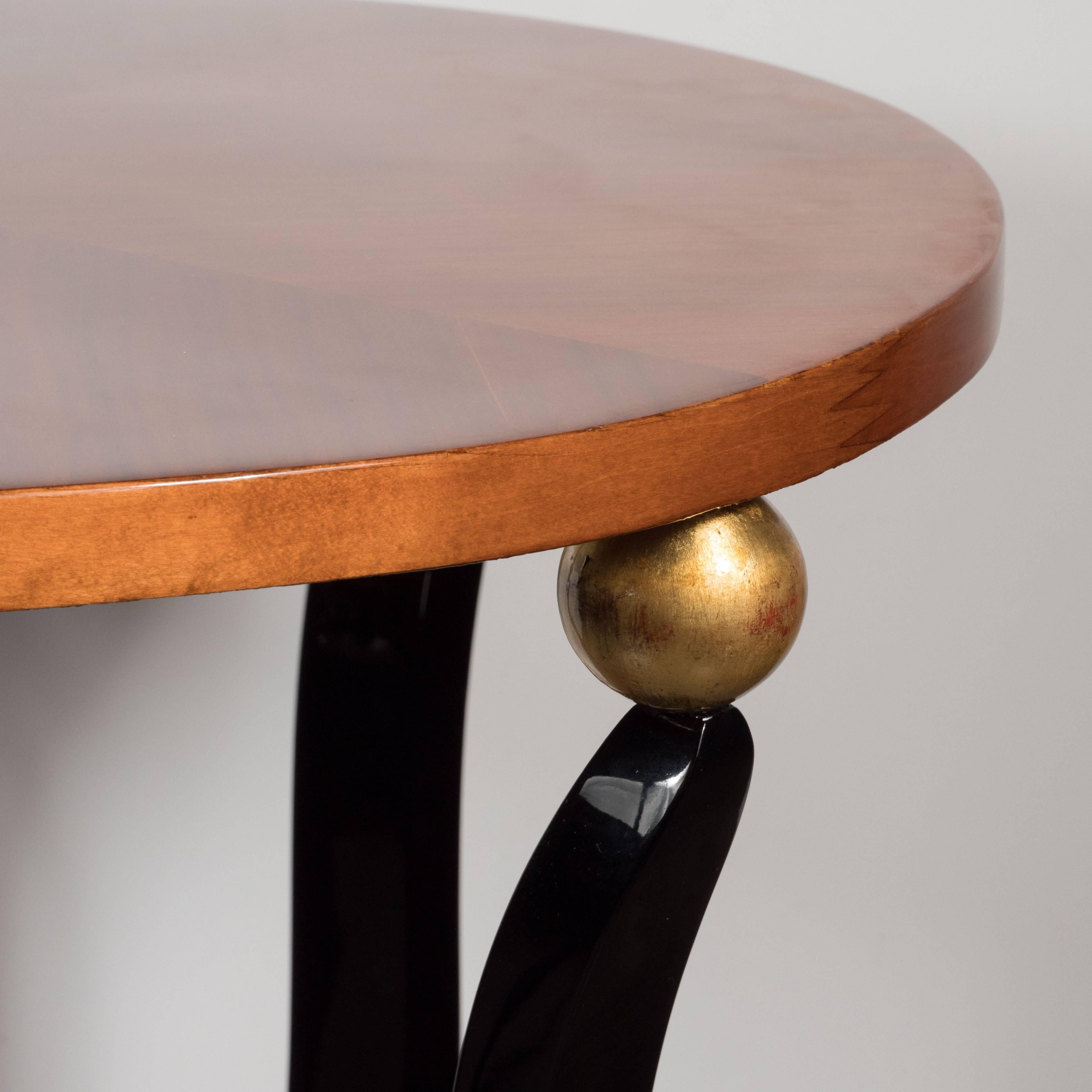 Gold Leaf Art Deco Two-Tier Gueridon Table in Bookmatched Walnut, Gold and Black Lacquer