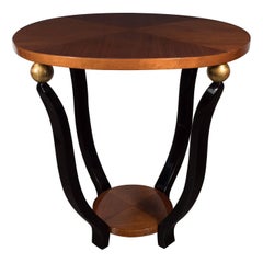 Art Deco Two-Tier Gueridon Table in Bookmatched Walnut, Gold and Black Lacquer