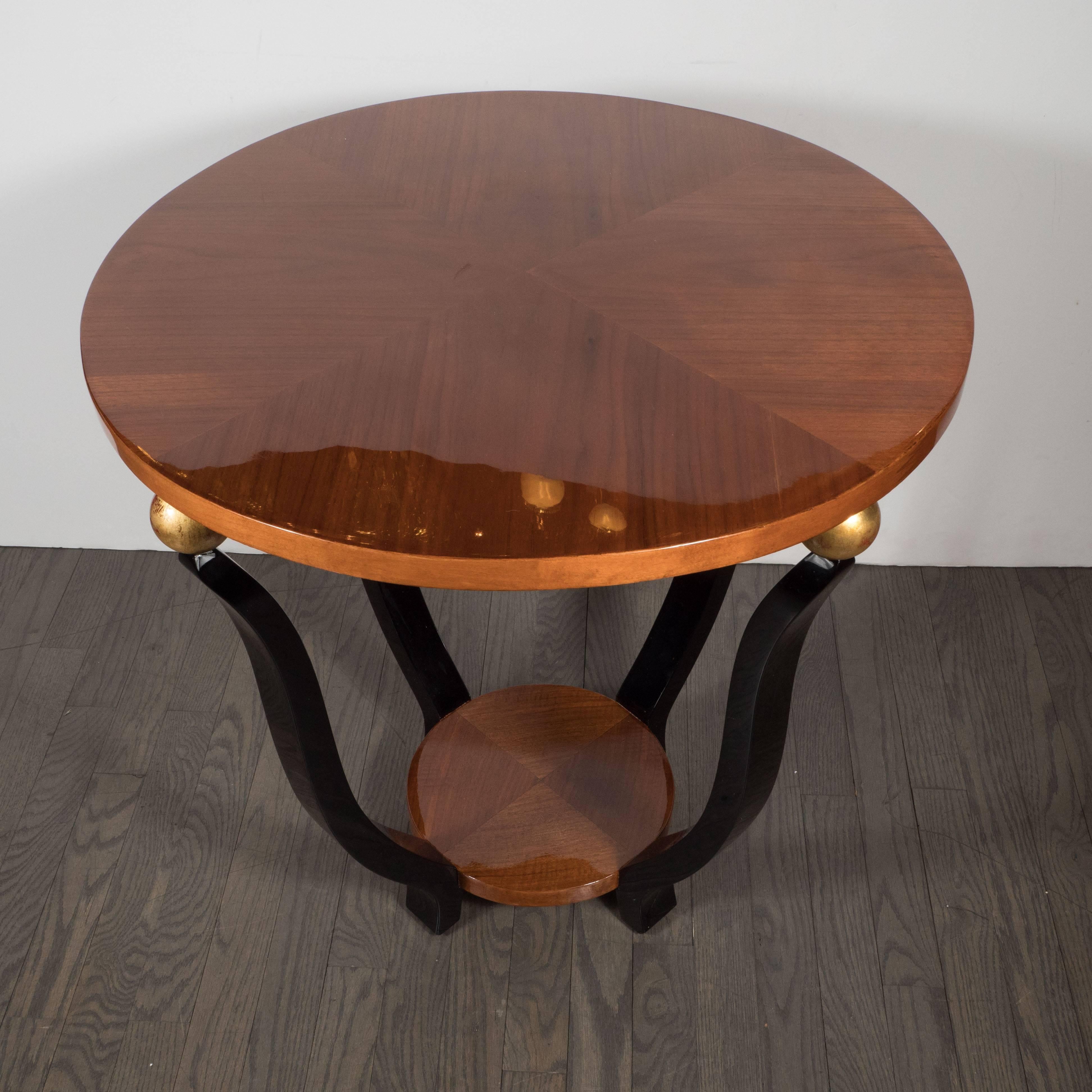 Art Deco Two-Tier Gueridon Table in Bookmatched Walnut, Gold and Black Lacquer In Excellent Condition In New York, NY