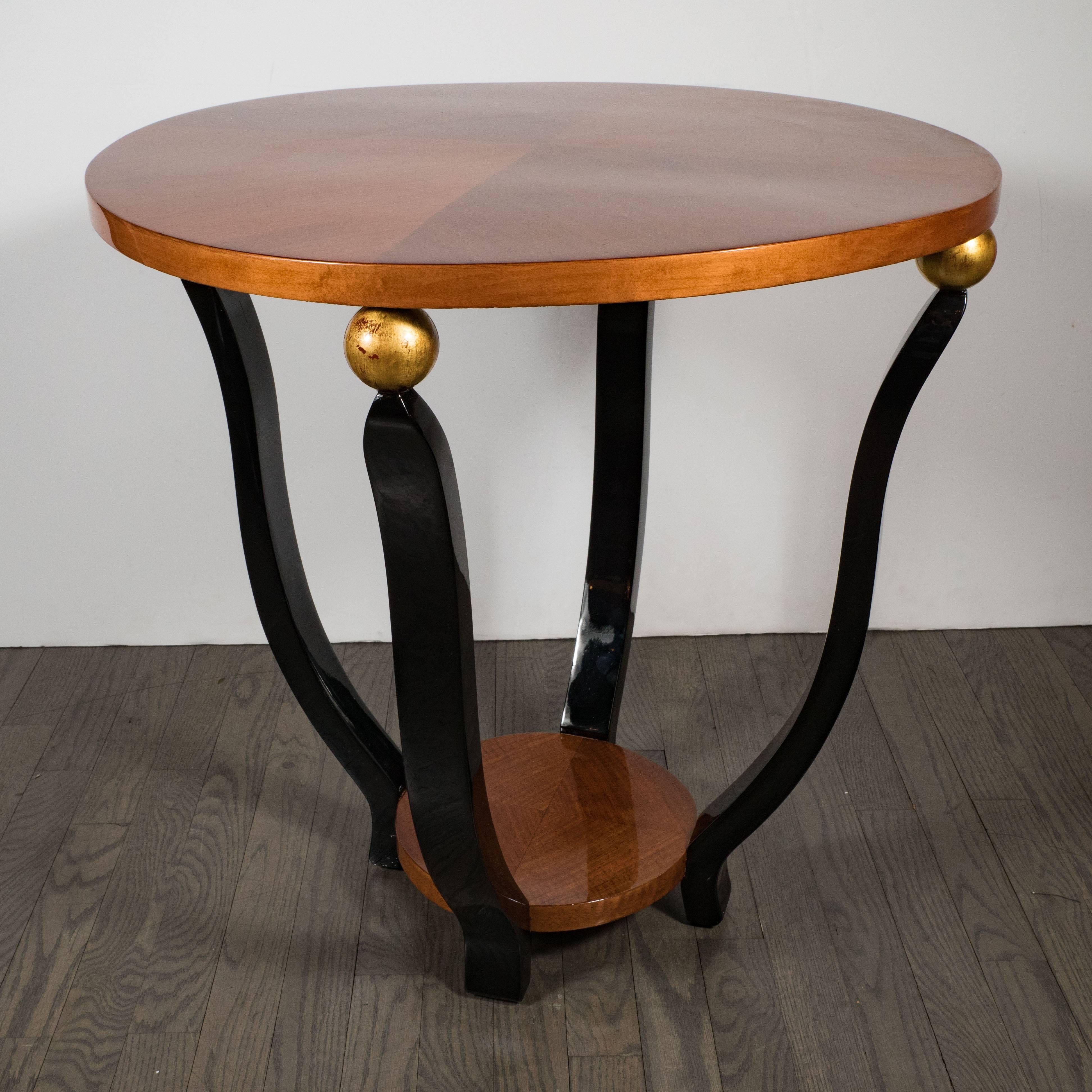 French Art Deco Two-Tier Gueridon Table in Bookmatched Walnut, Gold and Black Lacquer