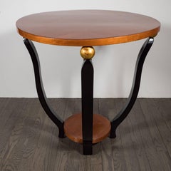 Art Deco Two-Tier Gueridon Table in Bookmatched Walnut, Gold and Black Lacquer