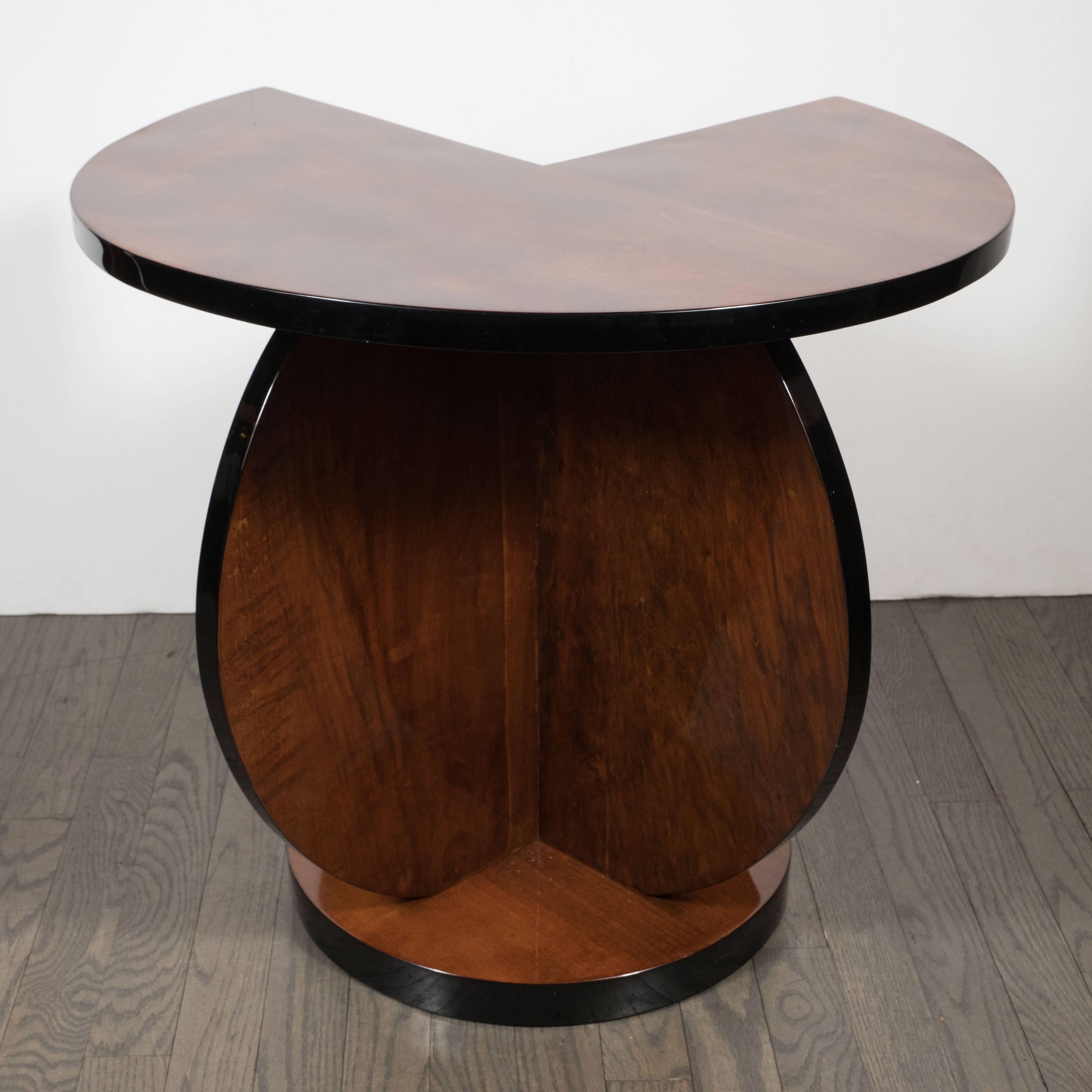 Mid-20th Century French Art Deco Cubist Side Table in Bookmatched Burled Walnut and Black Lacquer