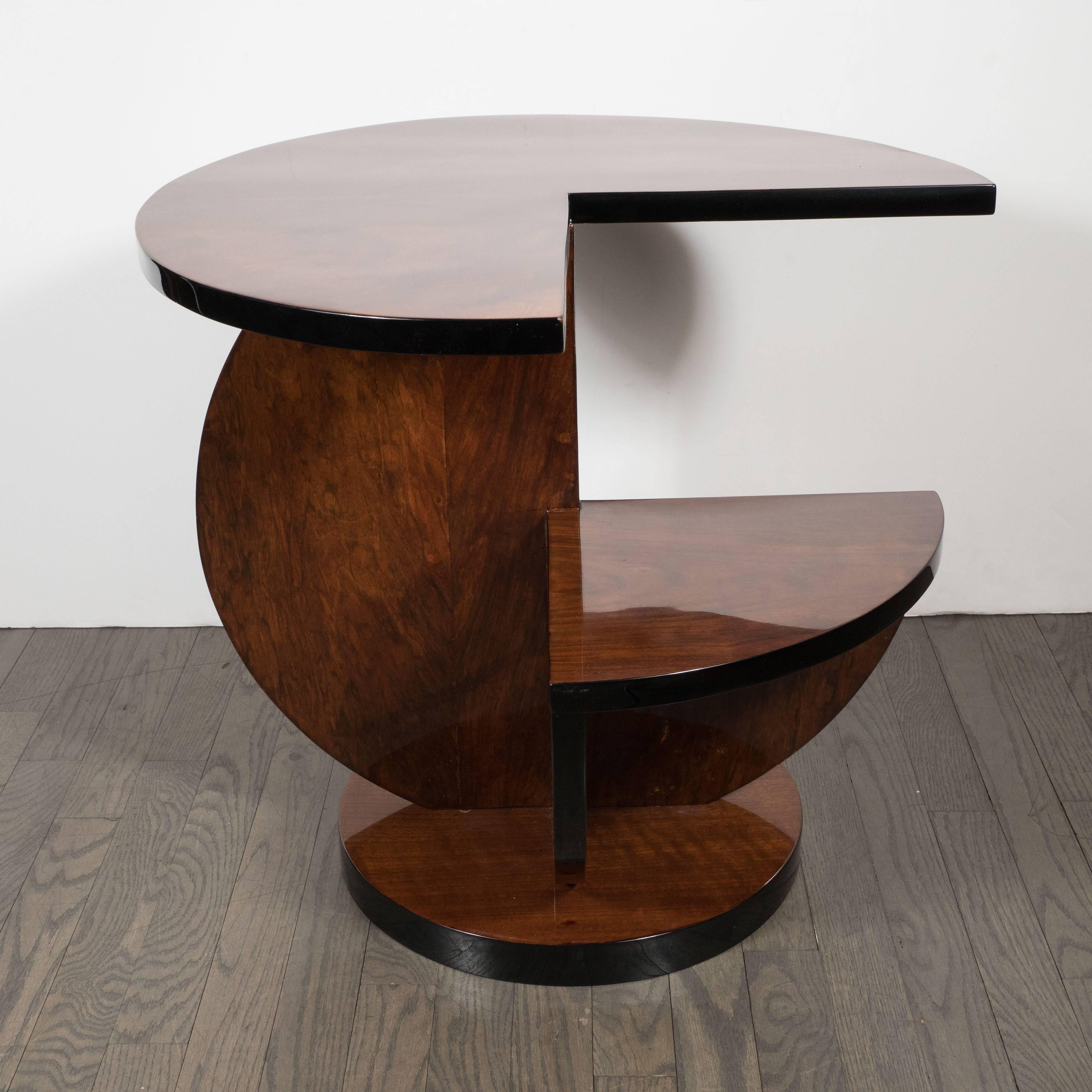 French Art Deco Cubist Side Table in Bookmatched Burled Walnut and Black Lacquer 2