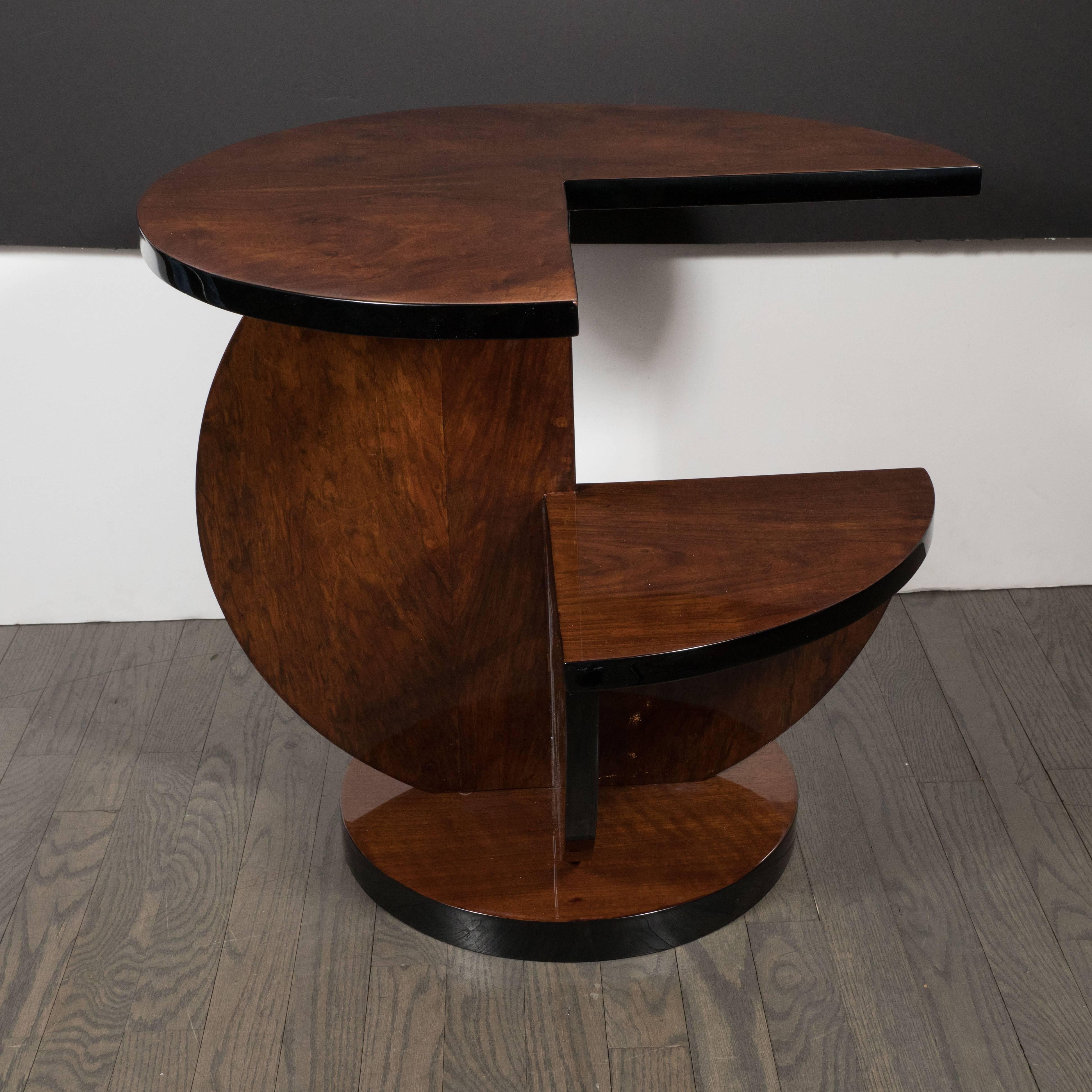 French Art Deco Cubist Side Table in Bookmatched Burled Walnut and Black Lacquer 4