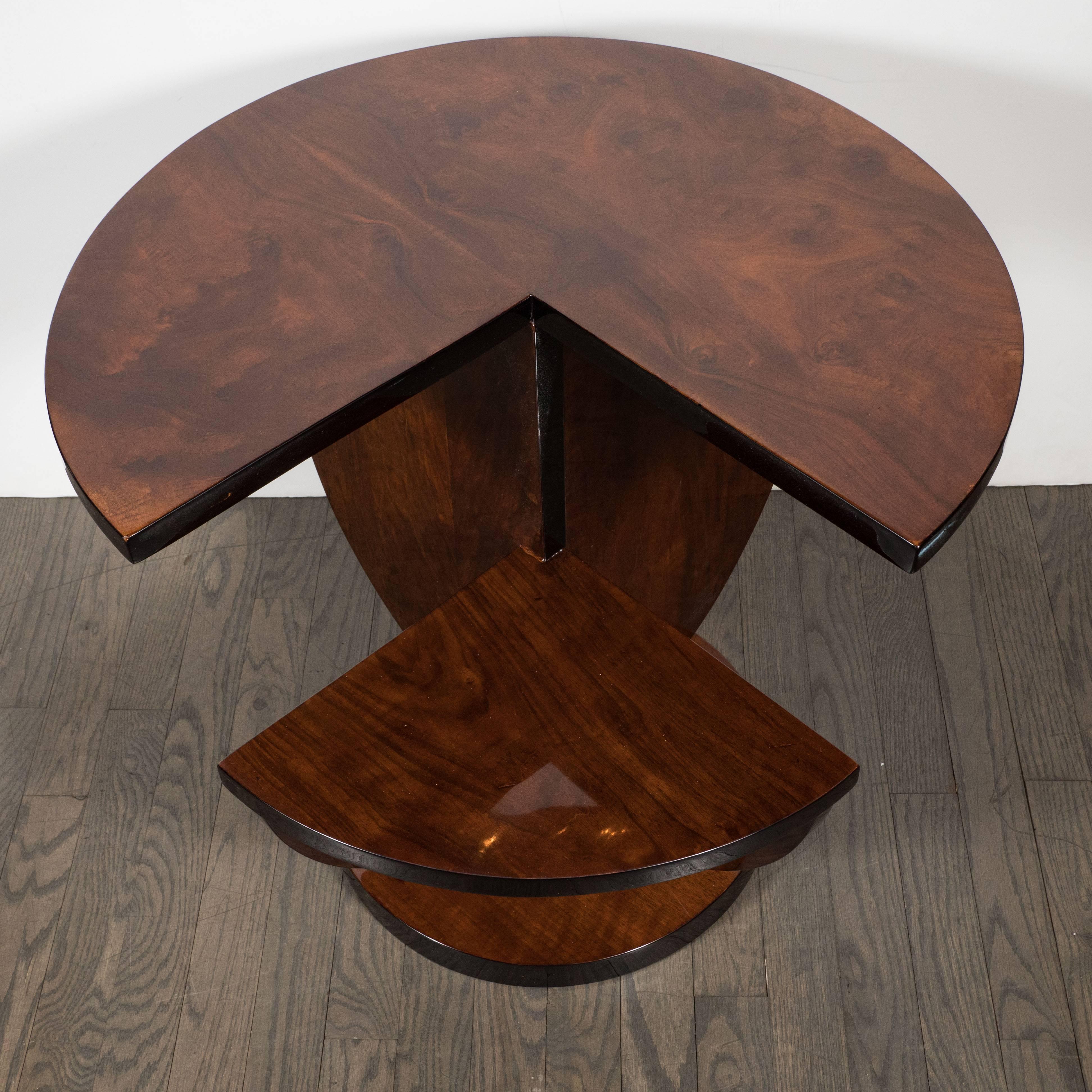 French Art Deco Cubist Side Table in Bookmatched Burled Walnut and Black Lacquer 1