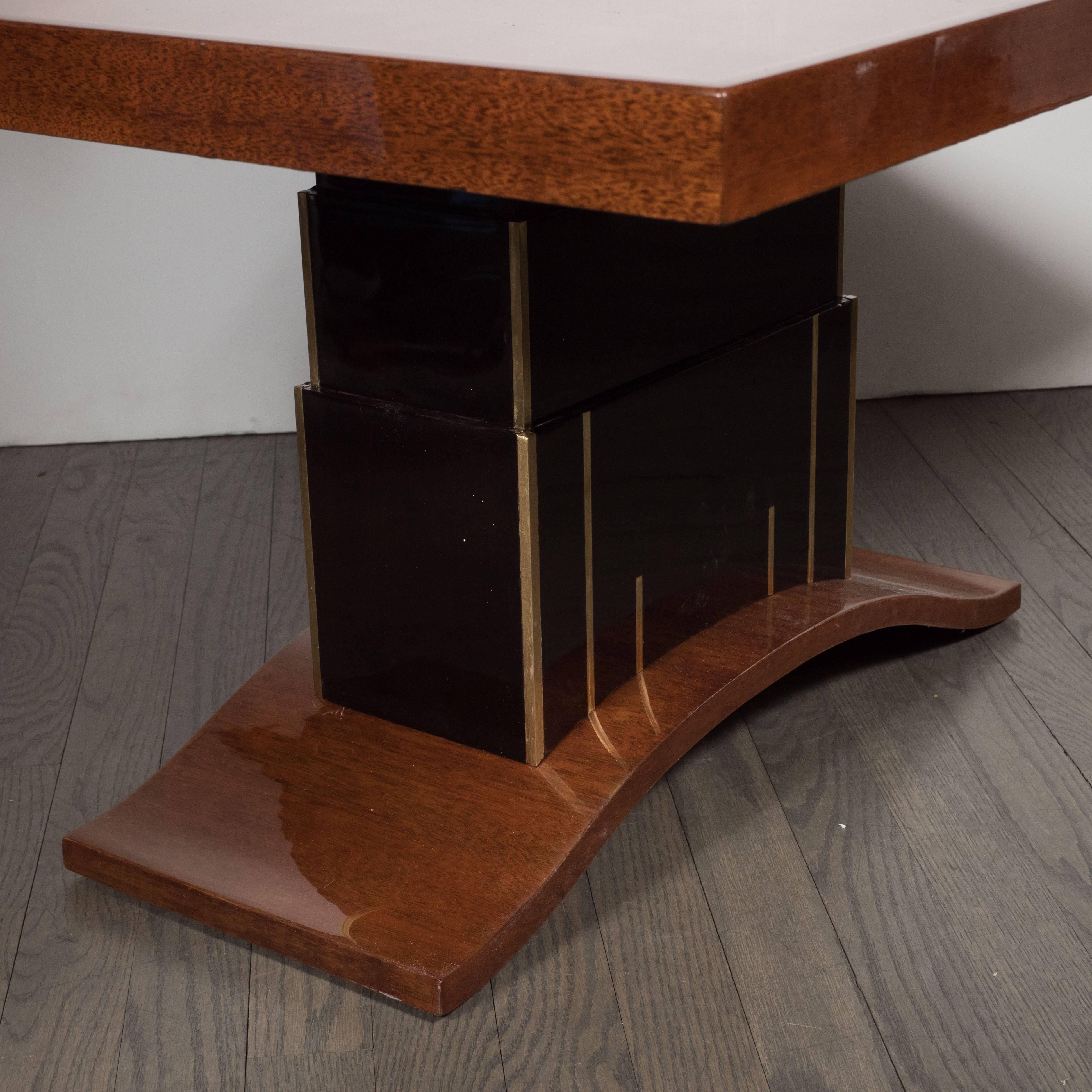 Brass Art Deco Bookmatched Walnut and Mahogany Cocktail Table
