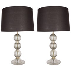 Pair of Handblown Murano Ribbed & Smoked Glass Table Lamps with Brass Fittings