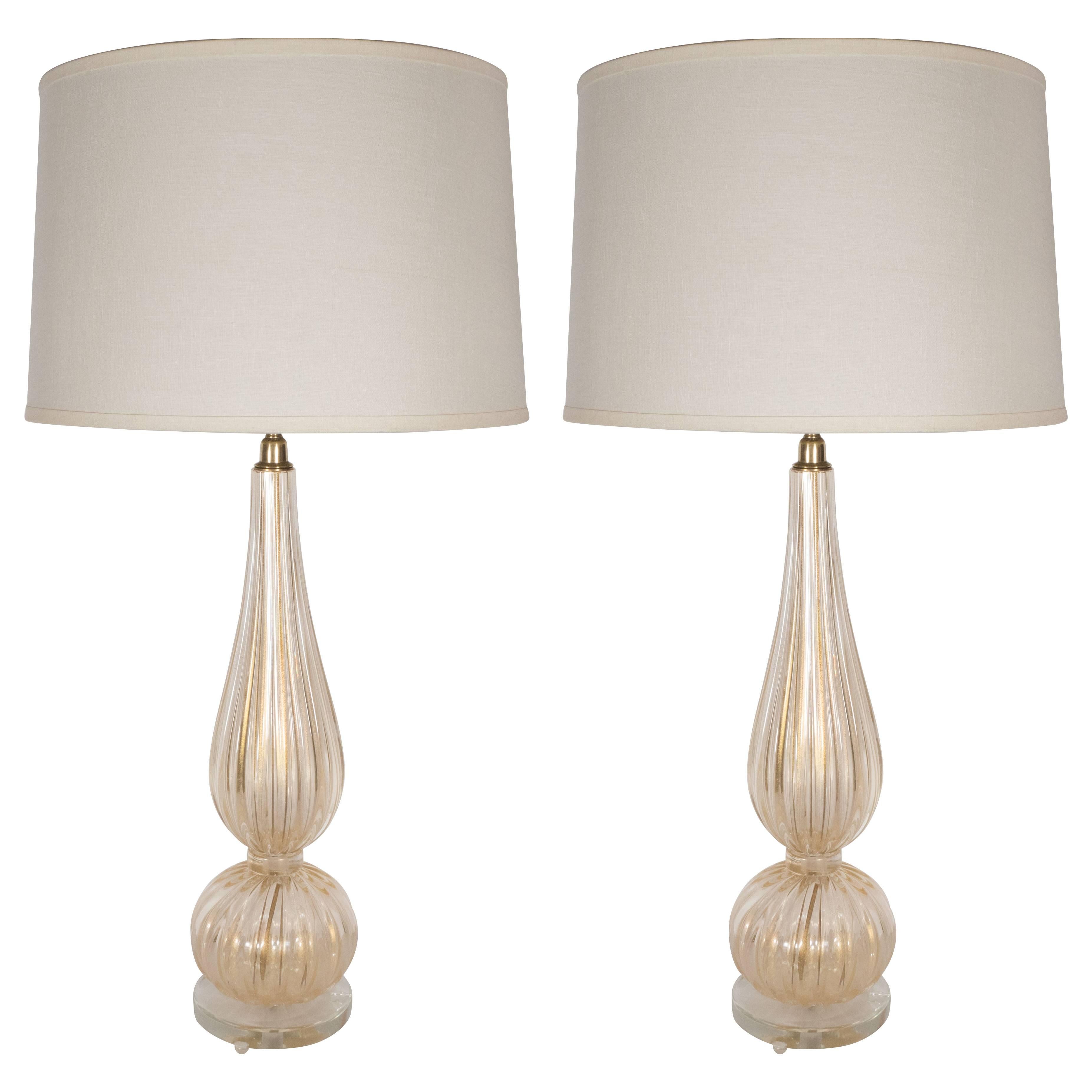 Pair of Modernist Handblown Murano Glass Table Lamps with 24-Karat Gold Flecks