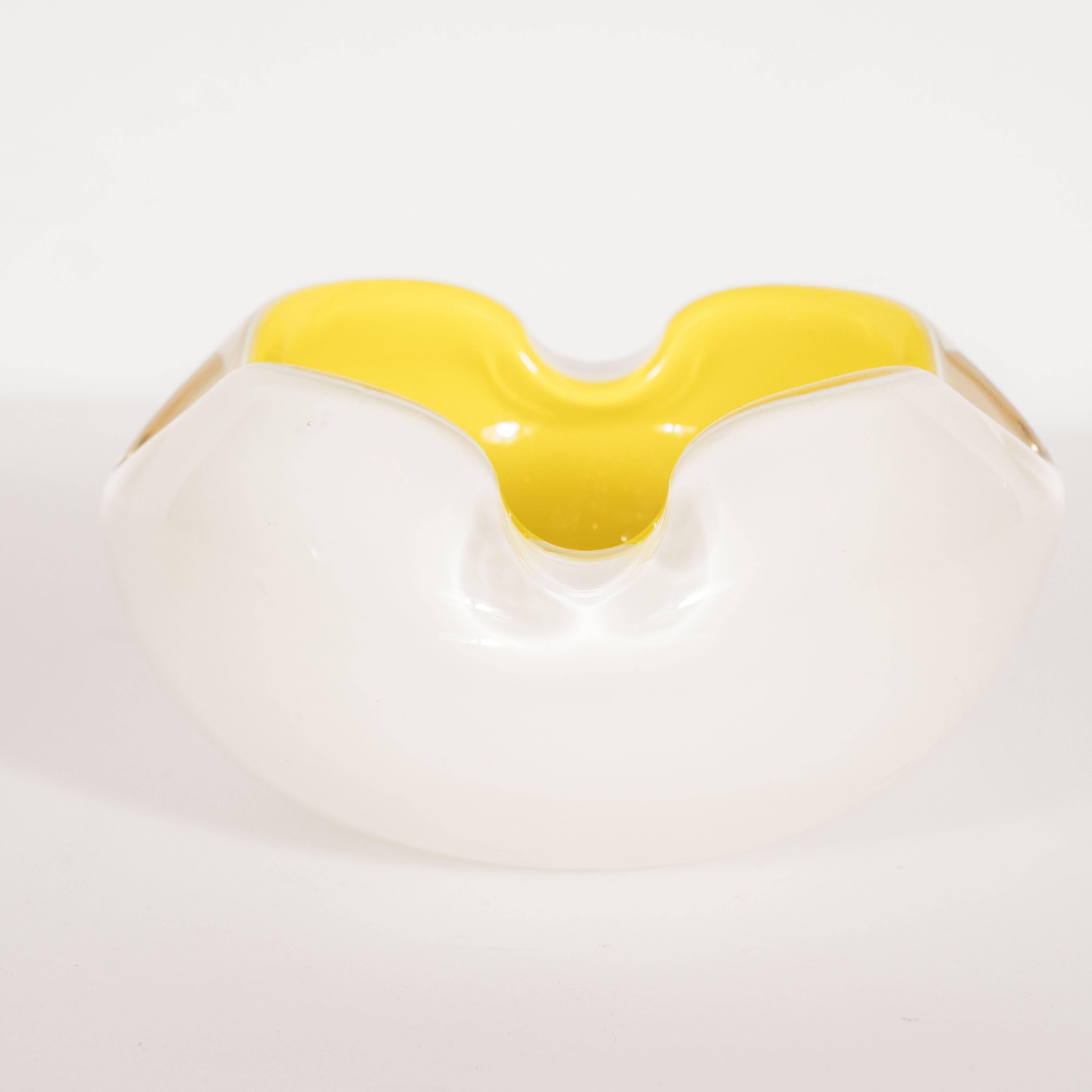 Italian Midcentury Murano Opaque White Glass and Lemon Yellow Decorative Dish