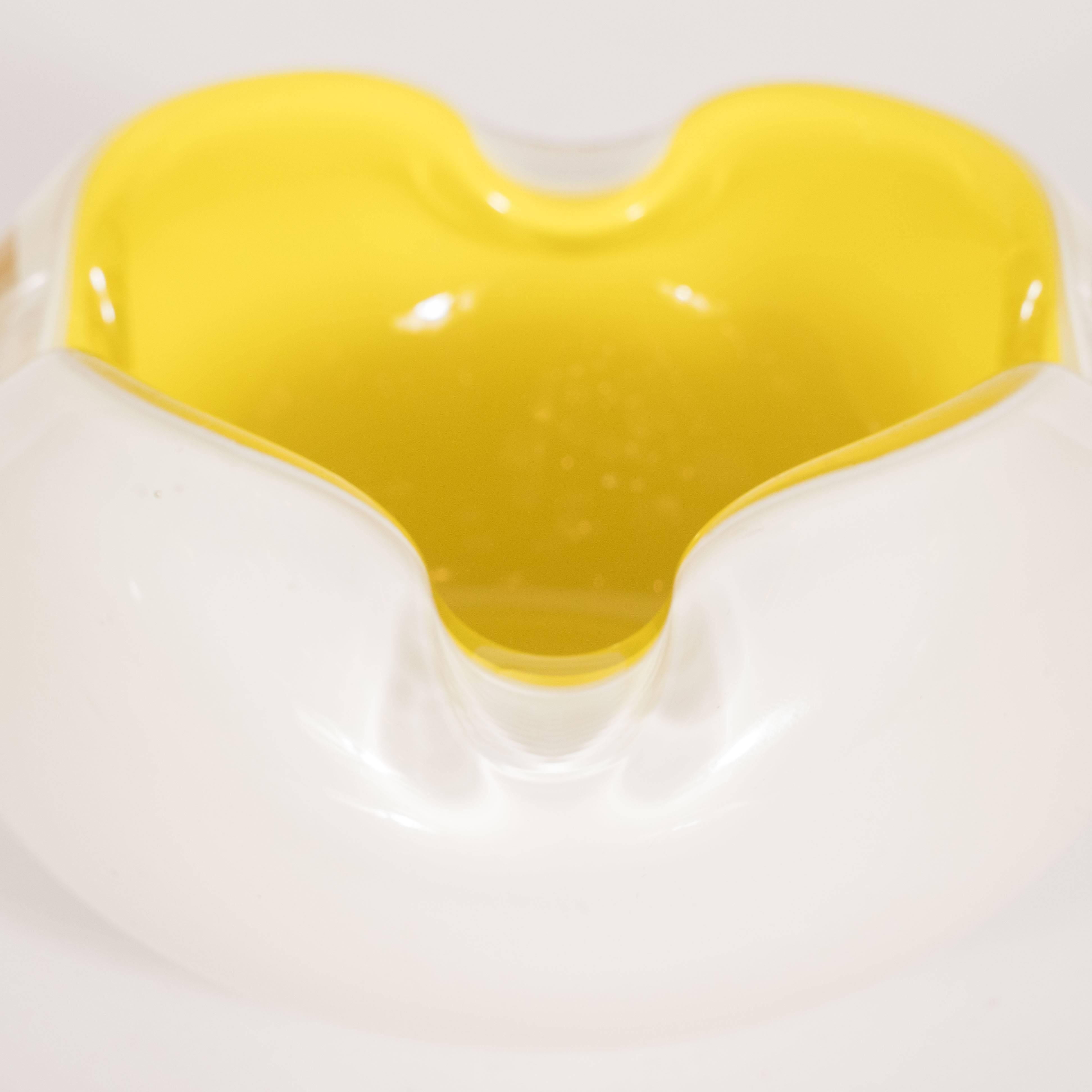 Midcentury Murano Opaque White Glass and Lemon Yellow Decorative Dish In Excellent Condition In New York, NY