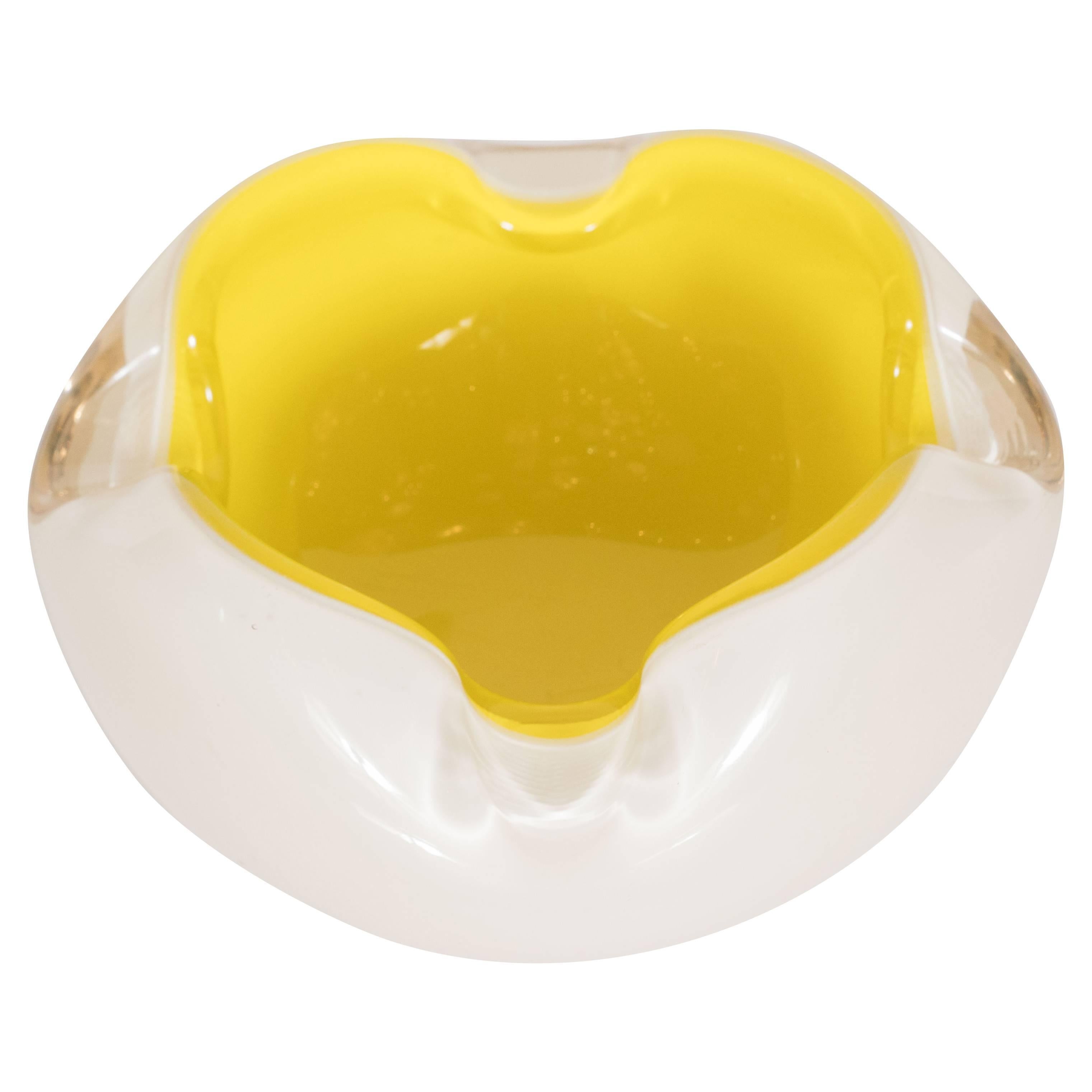 Midcentury Murano Opaque White Glass and Lemon Yellow Decorative Dish