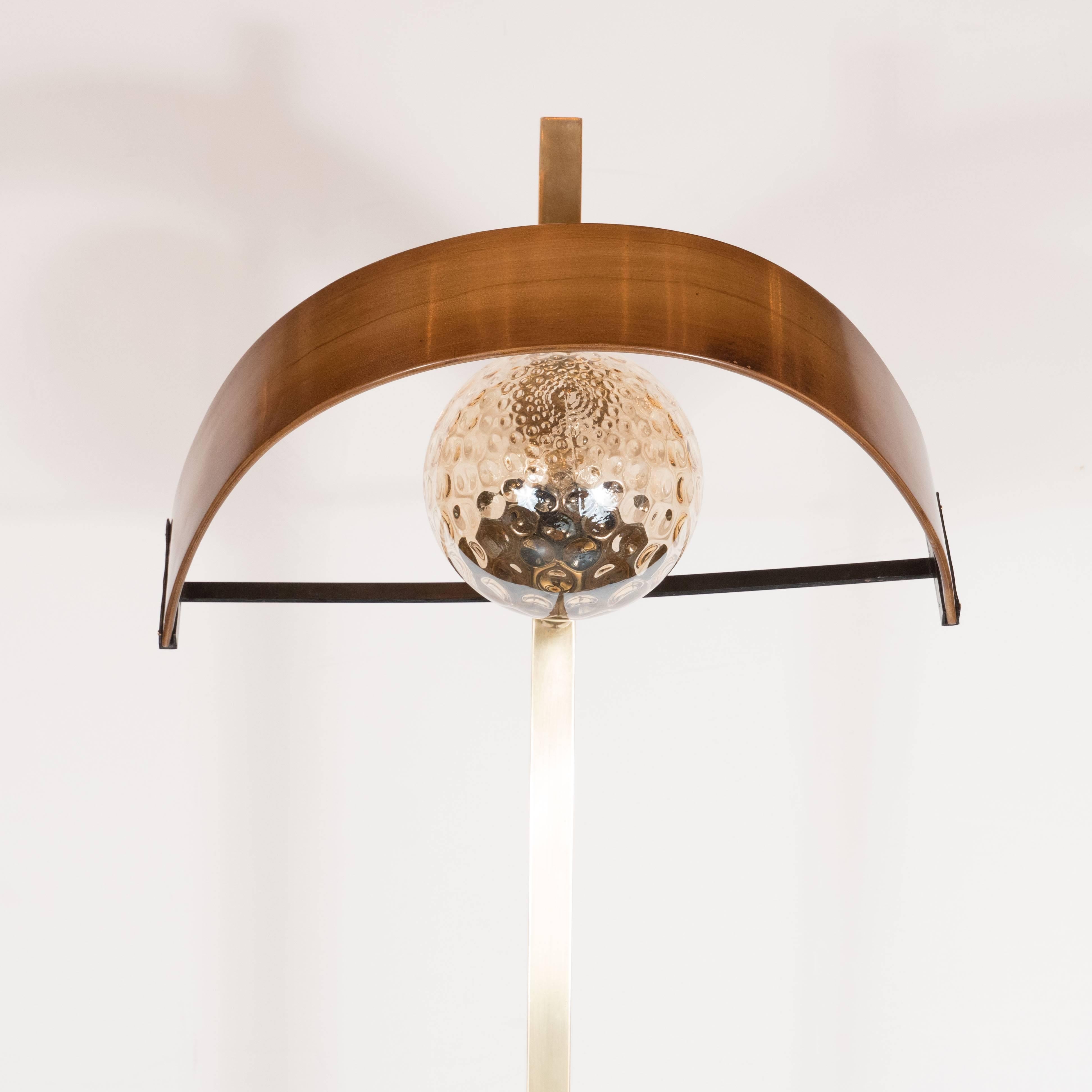 Sculptural Italian Mid-Century Modern Brass, Walnut & Textured Glass Floor Lamp 1