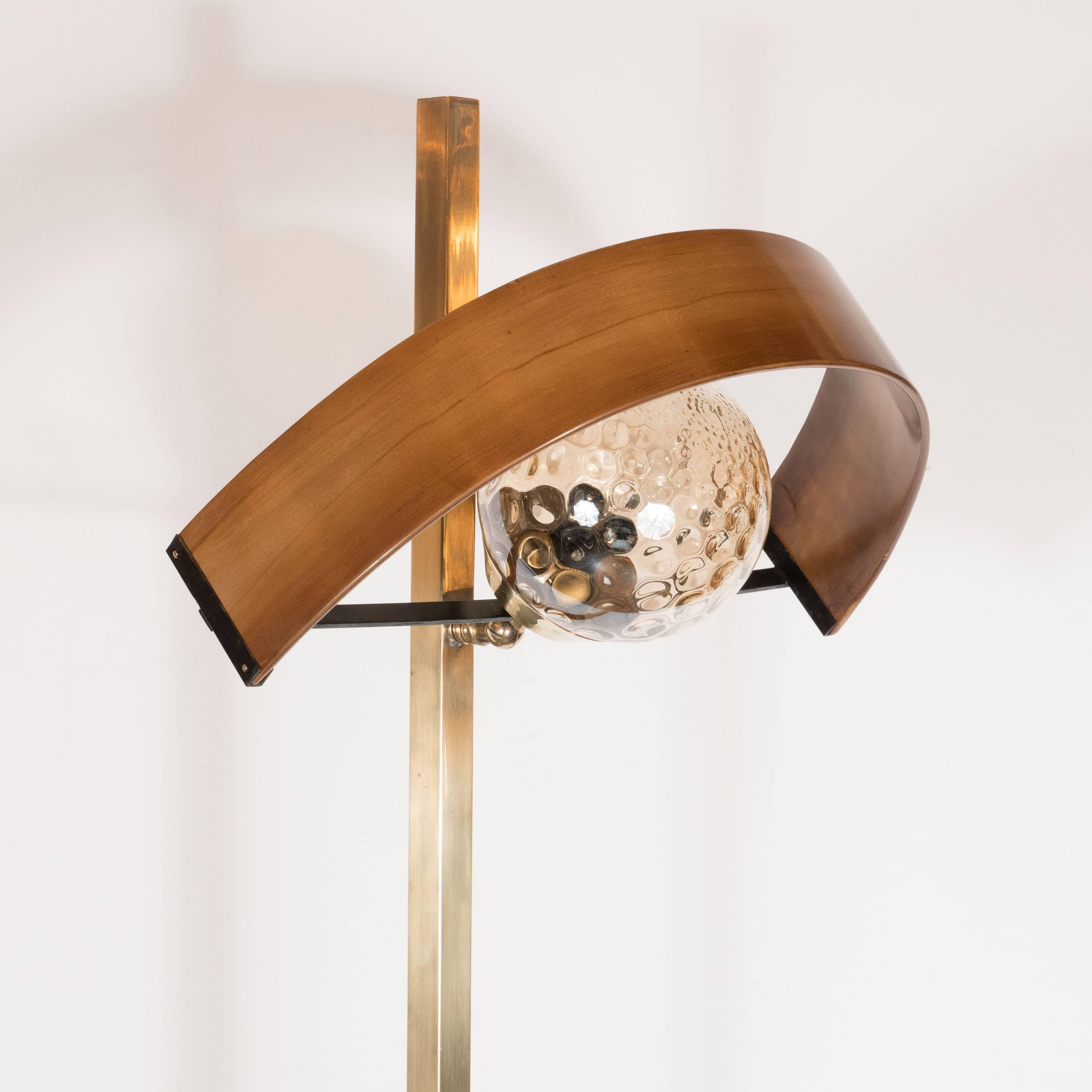 Mid-20th Century Sculptural Italian Mid-Century Modern Brass, Walnut & Textured Glass Floor Lamp