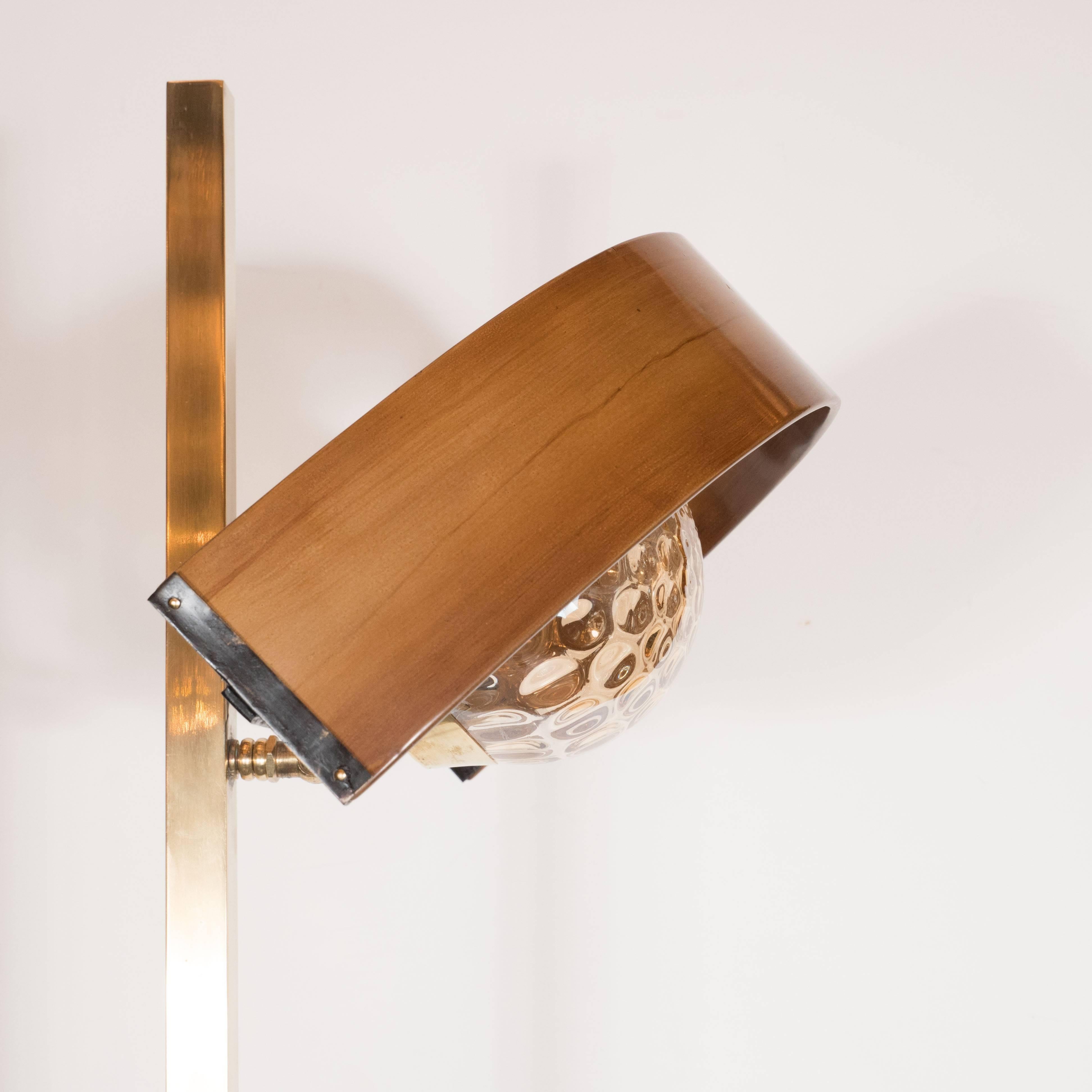 Sculptural Italian Mid-Century Modern Brass, Walnut & Textured Glass Floor Lamp 3