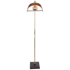 Sculptural Italian Mid-Century Modern Brass, Walnut & Textured Glass Floor Lamp