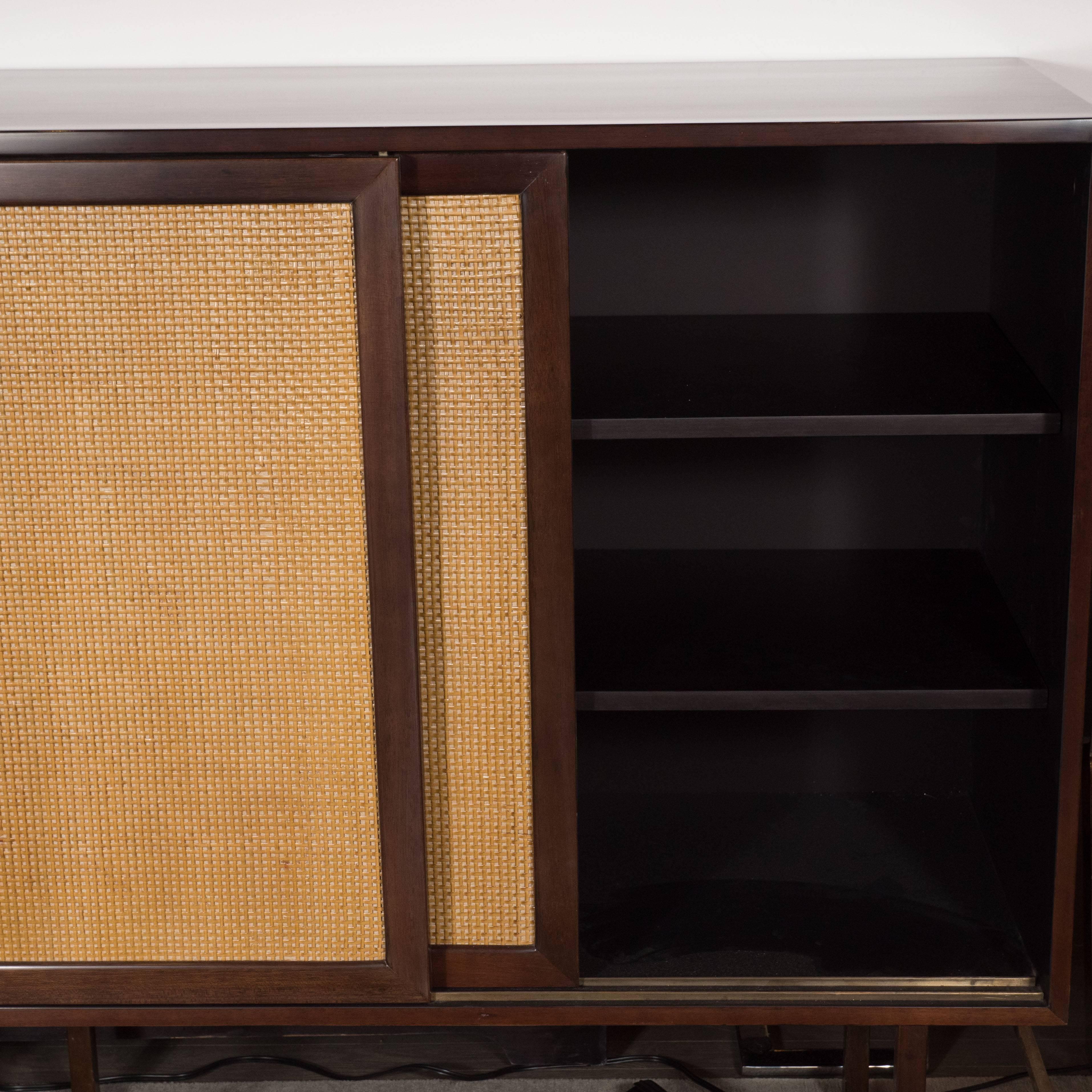 Mid-Century Modern Brass, Walnut and Cane Cabinet by Harvey Probber 2