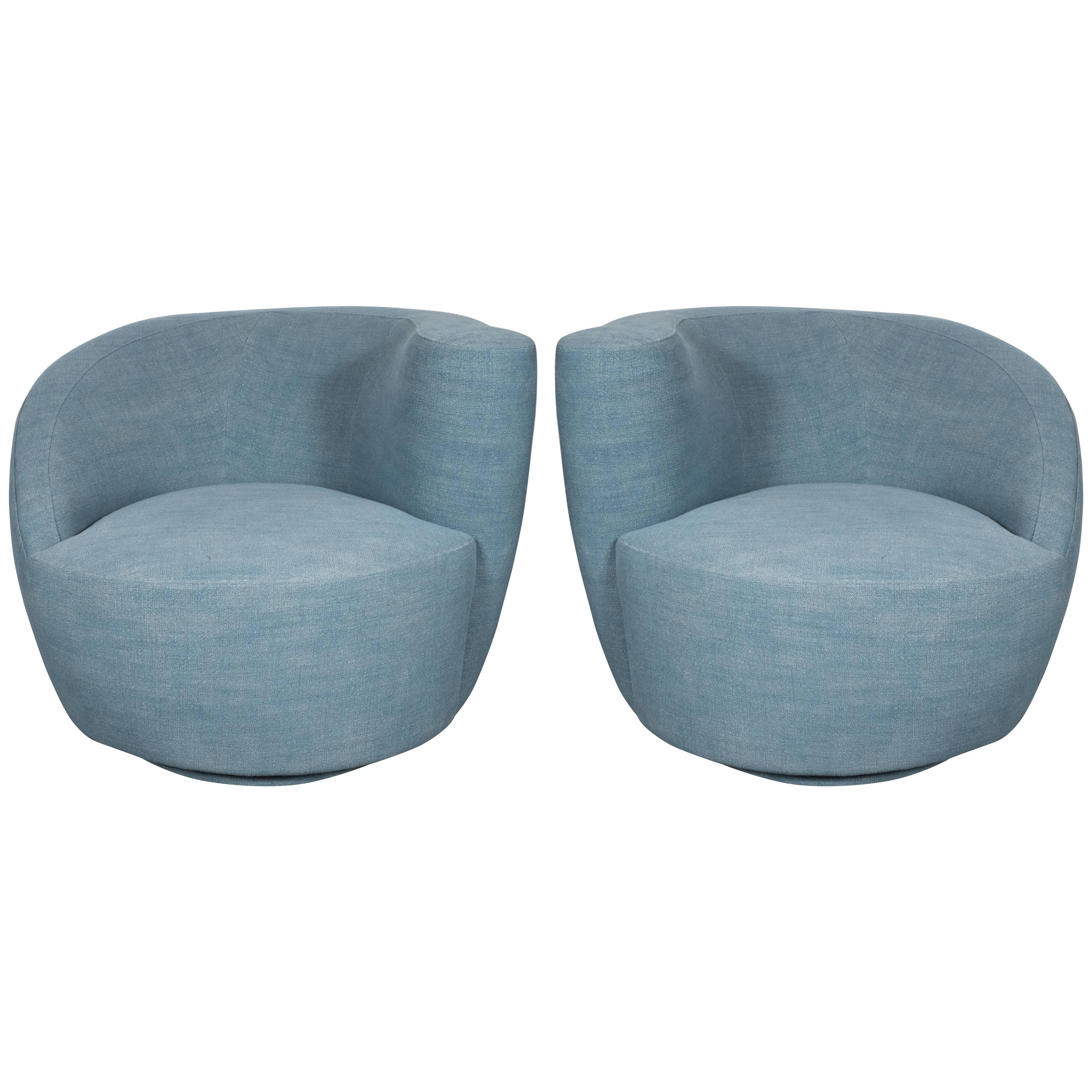Pair of Mid-Century Modern Nautilus Chairs by Vladimir Kagan in Blue Twill