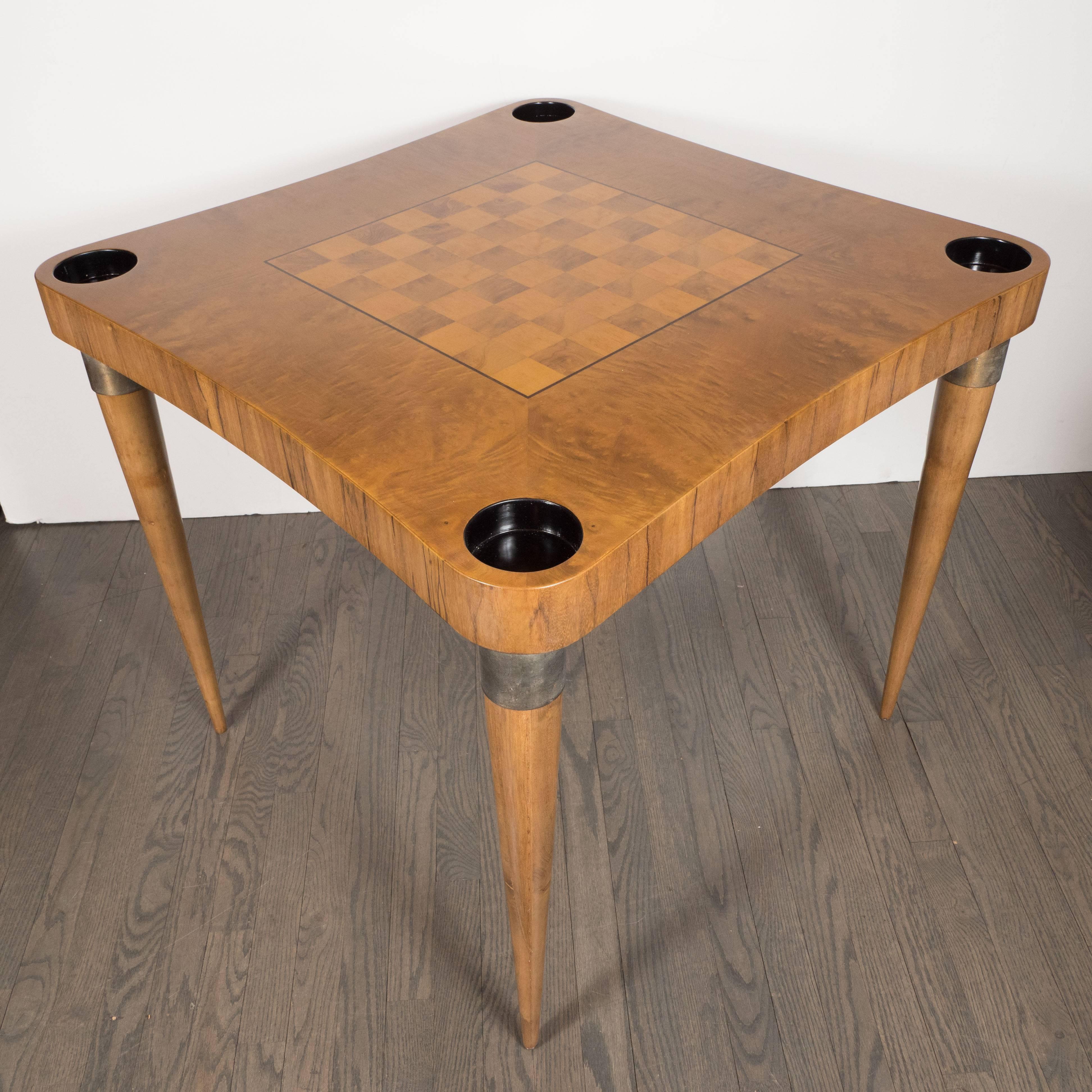 American Midcentury Bookmatched Burled Elm and Paldao Wood Game Table by Gilbert Rohde