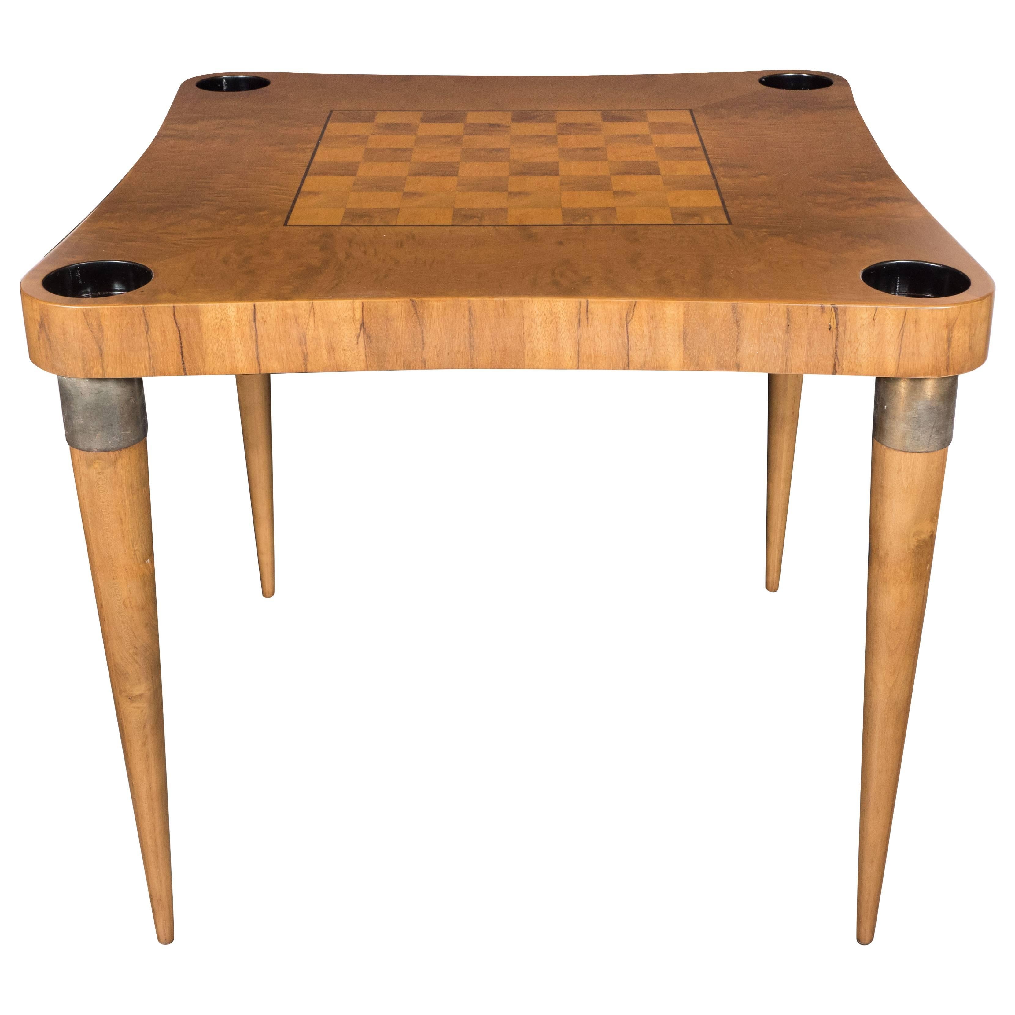 Midcentury Bookmatched Burled Elm and Paldao Wood Game Table by Gilbert Rohde