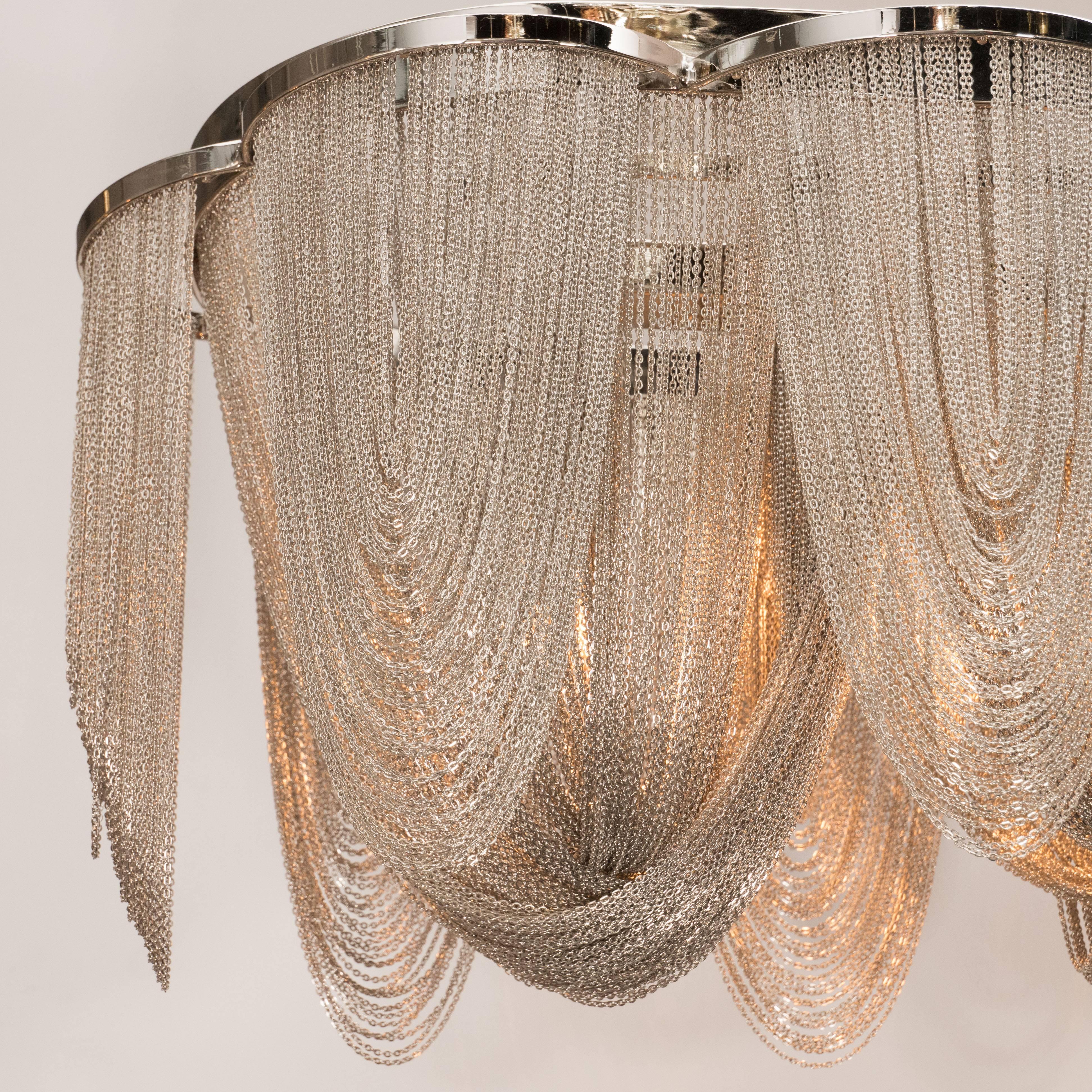 20th Century Modernist Polished Stainless Steel Draped Mesh Chandelier, Manner of Baylar