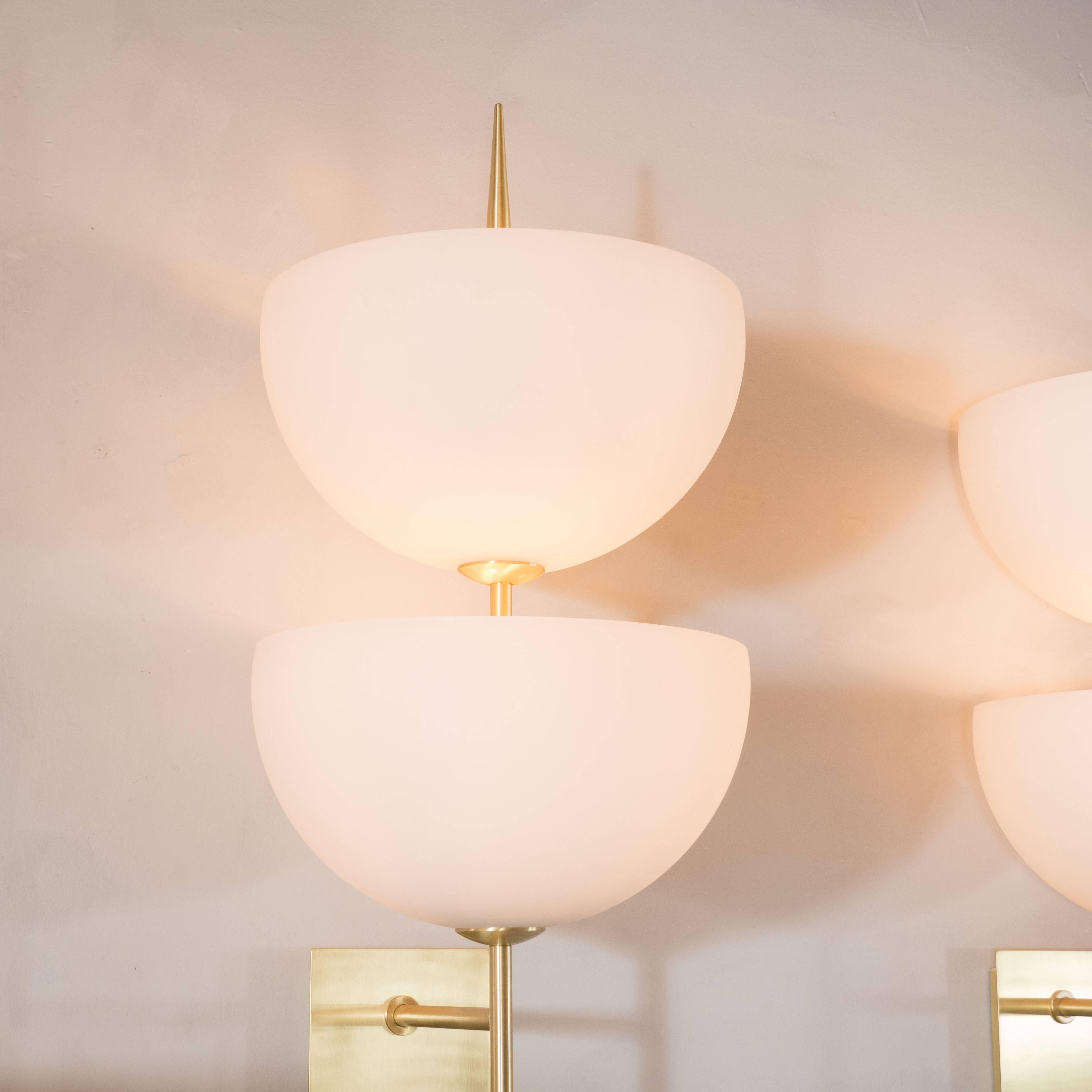 Modern Pair of Reverse-Dome Trophy Sconces in Murano Milk Glass and Brass