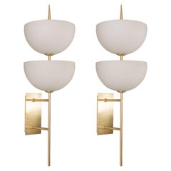 Pair of Reverse-Dome Trophy Sconces in Murano Milk Glass and Brass
