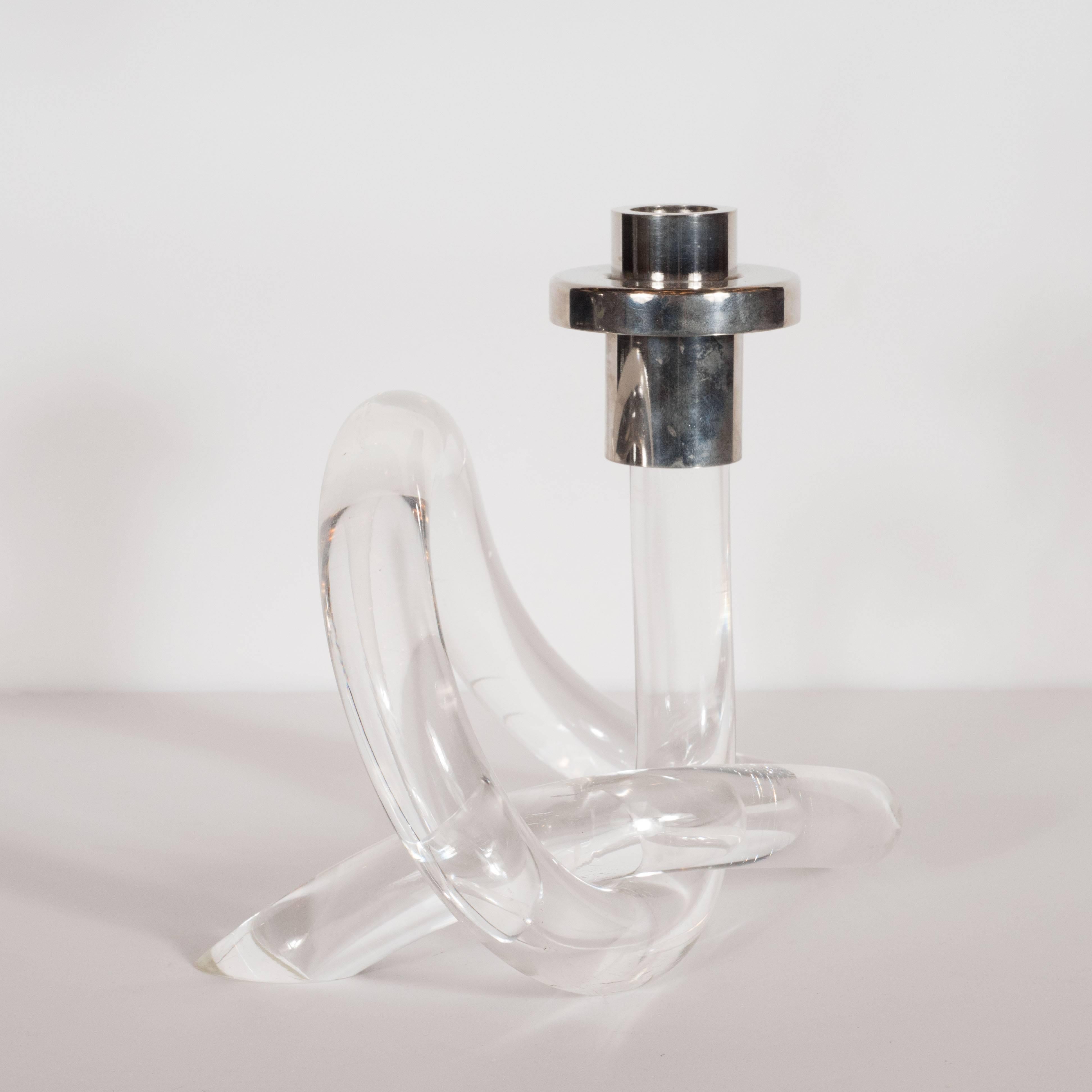 Mid-20th Century Pair of Pretzel Candlesticks in Lucite and Nickelled by Dorothy Thorpe