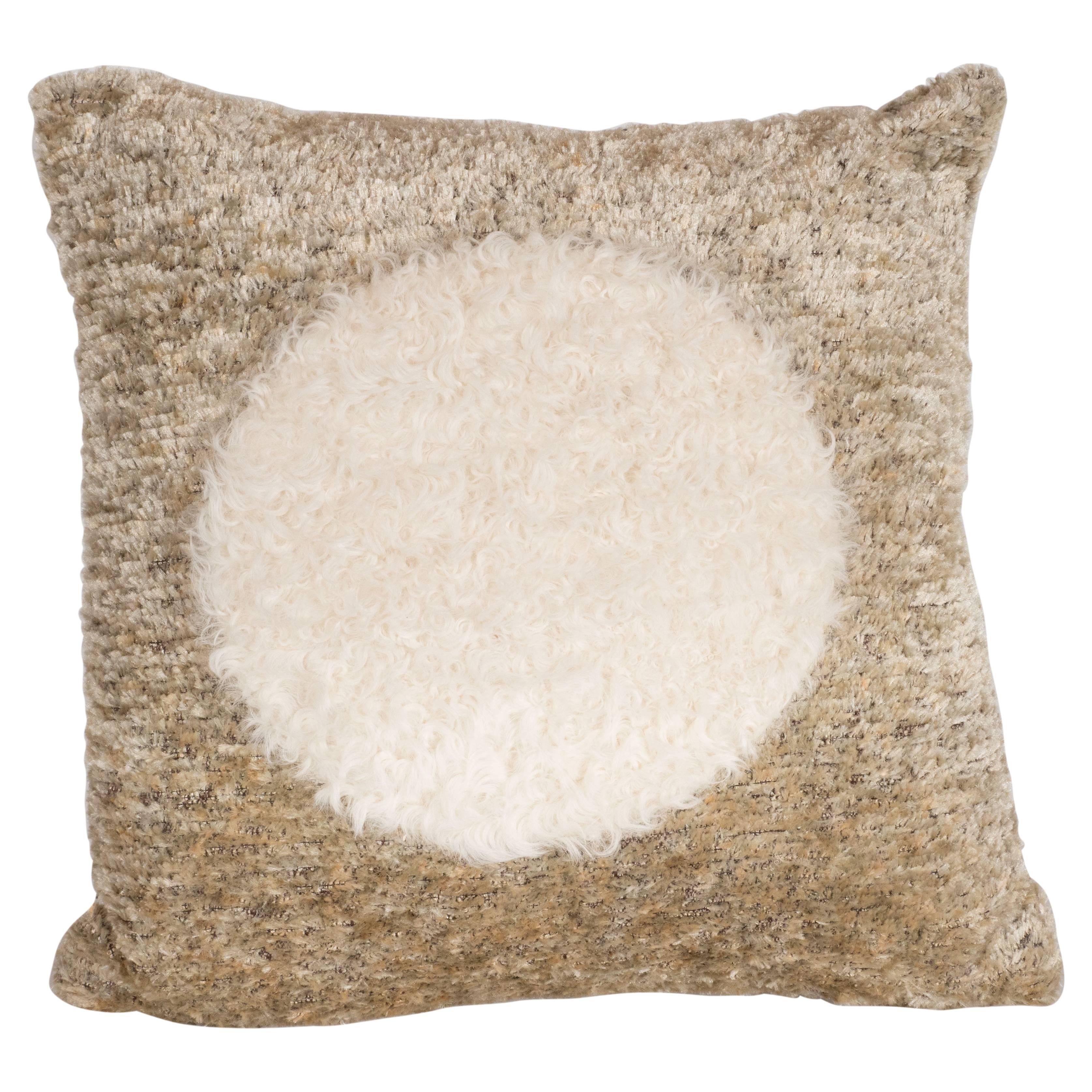 Custom Designed Champagne Colored Pillow with White Mongolian Lambswool Circle