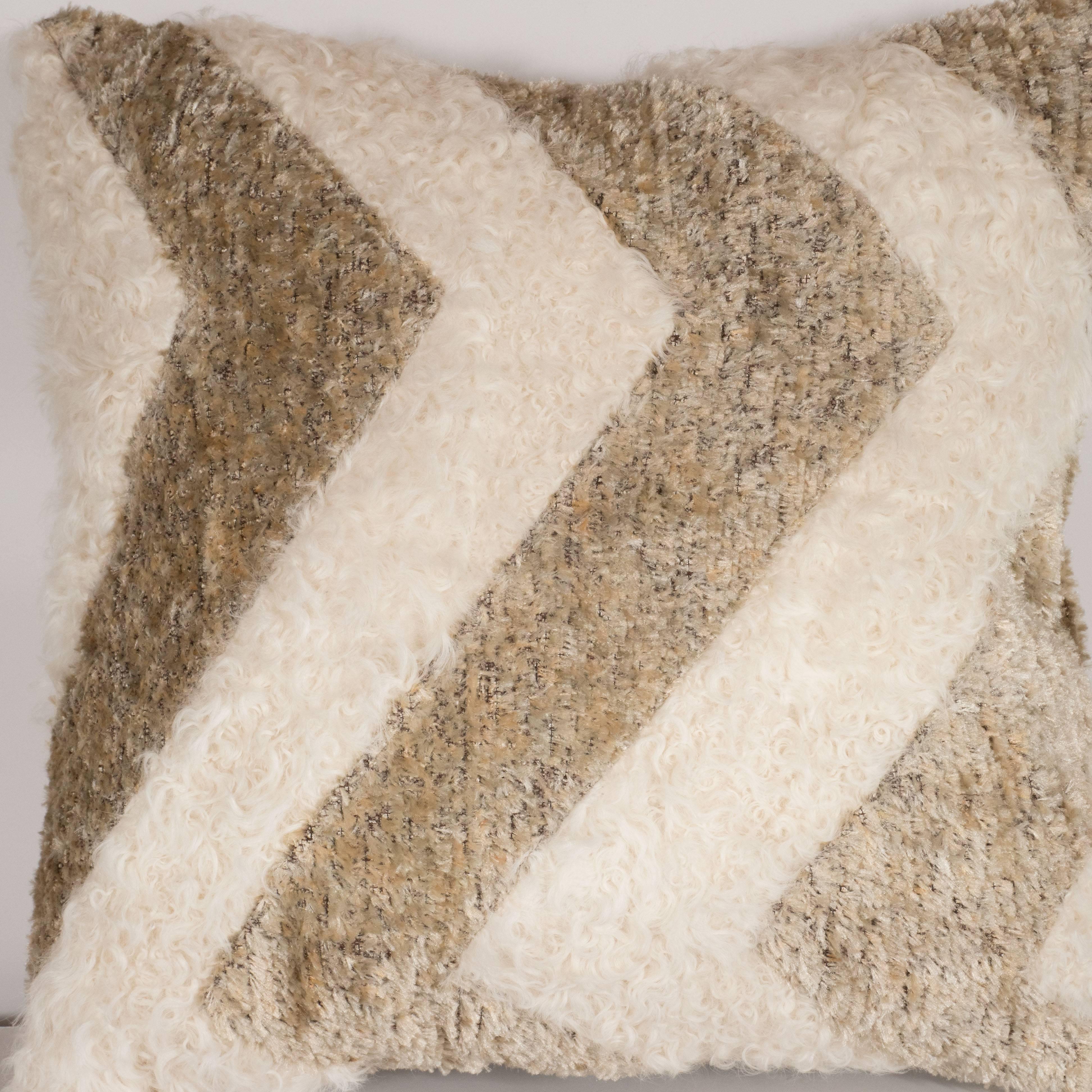 Custom Designed Chevron Pillow in Champagne and White Mongolian Lambswool In Excellent Condition For Sale In New York, NY