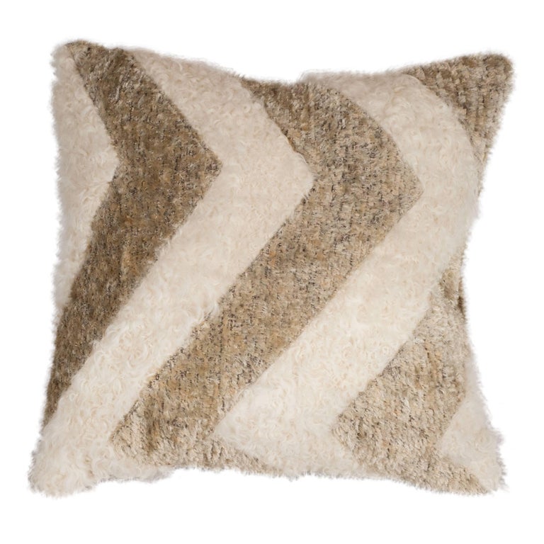 Custom Designed Chevron Pillow In Champagne And White Mongolian