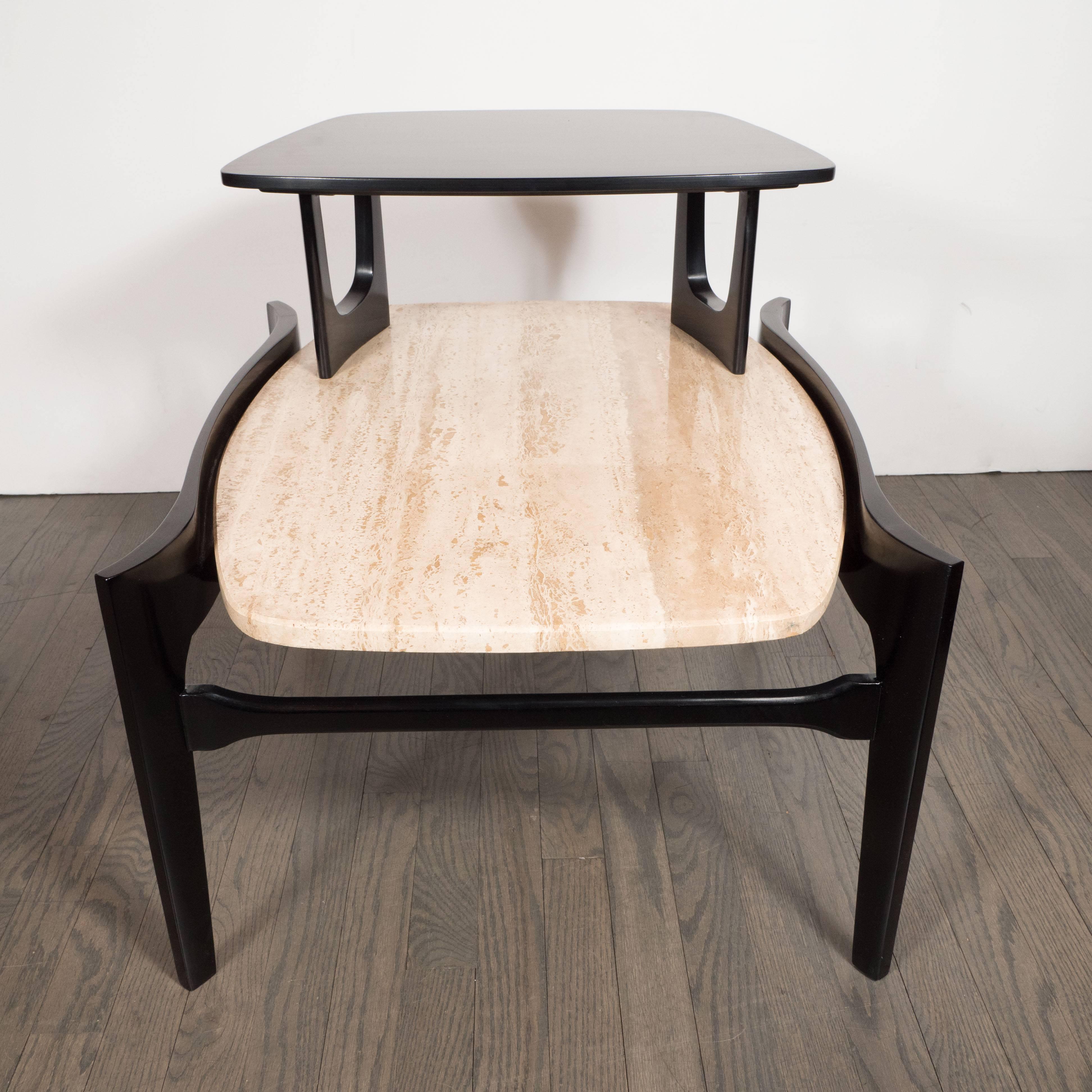 Mid-Century Modern Pair of Mid-Century Travertine & Ebonized End Tables Walnut by Bertha Schaefer