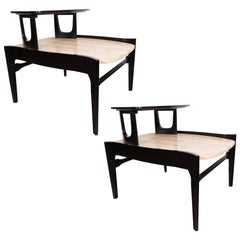 Pair of Mid-Century Travertine 
Ebonized End Tables Walnut by Bertha Schaefer